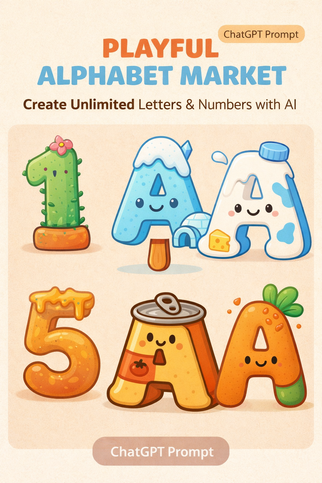 Playful Alphabet Market Create Cute Alphabet & Number Art with AI – ChatGPT Prompt