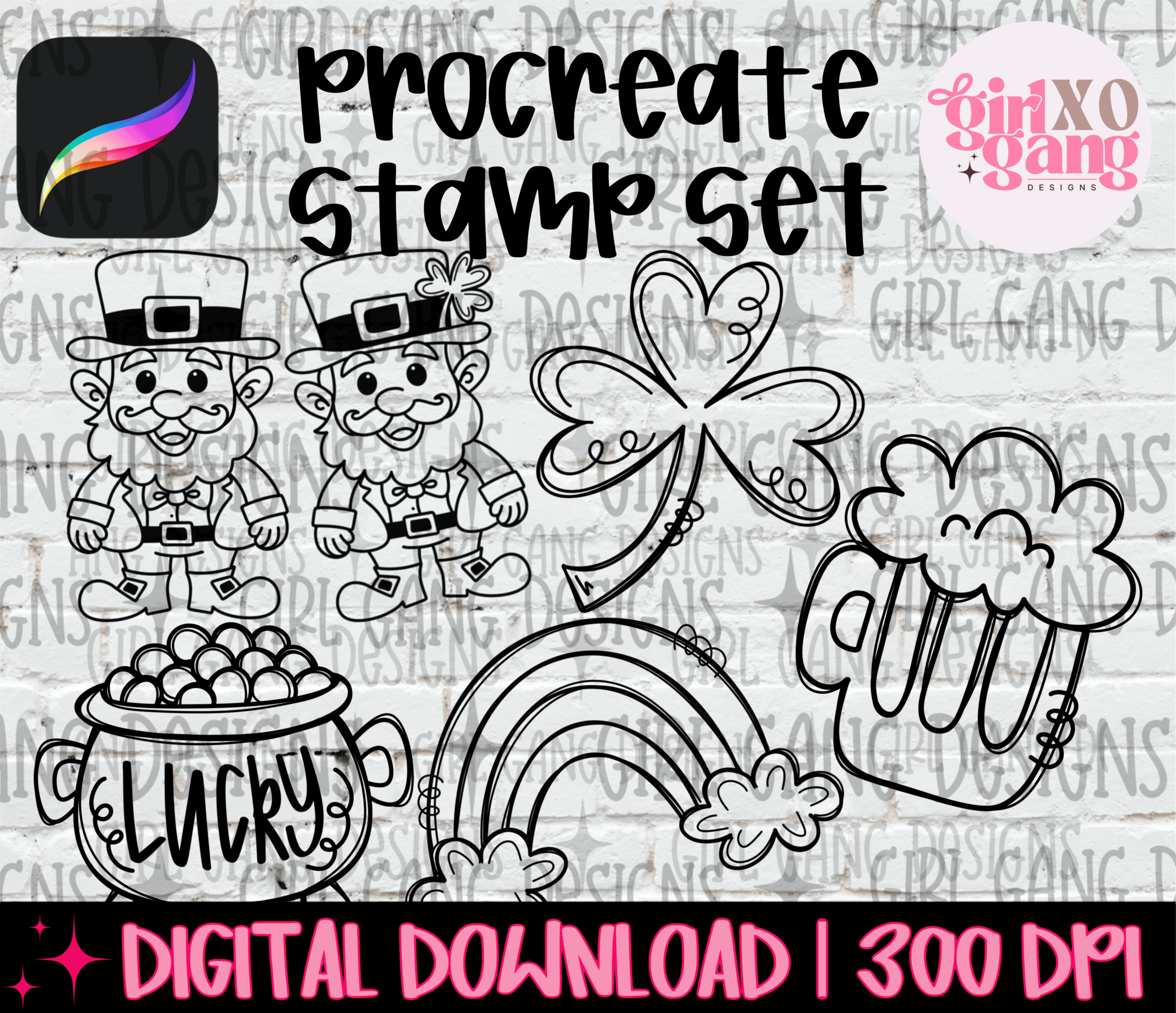 6 st Patrick doodle stamps, st pattys day doodle procreate stamp set ...