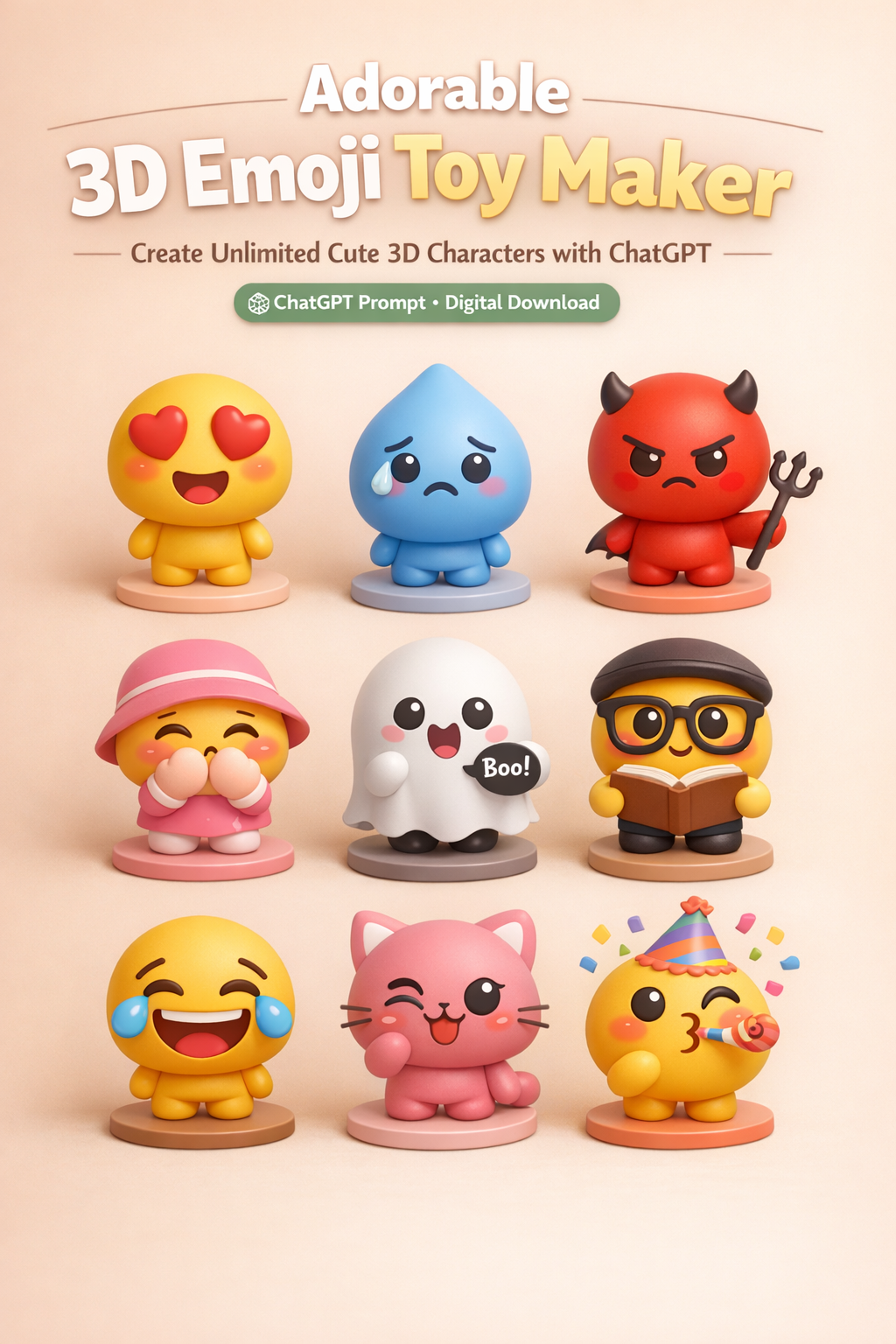 Adorable 3D Emoji Toy Maker - Create Unlimited Cute 3D Characters with ChatGPT (Prompt + Examples)