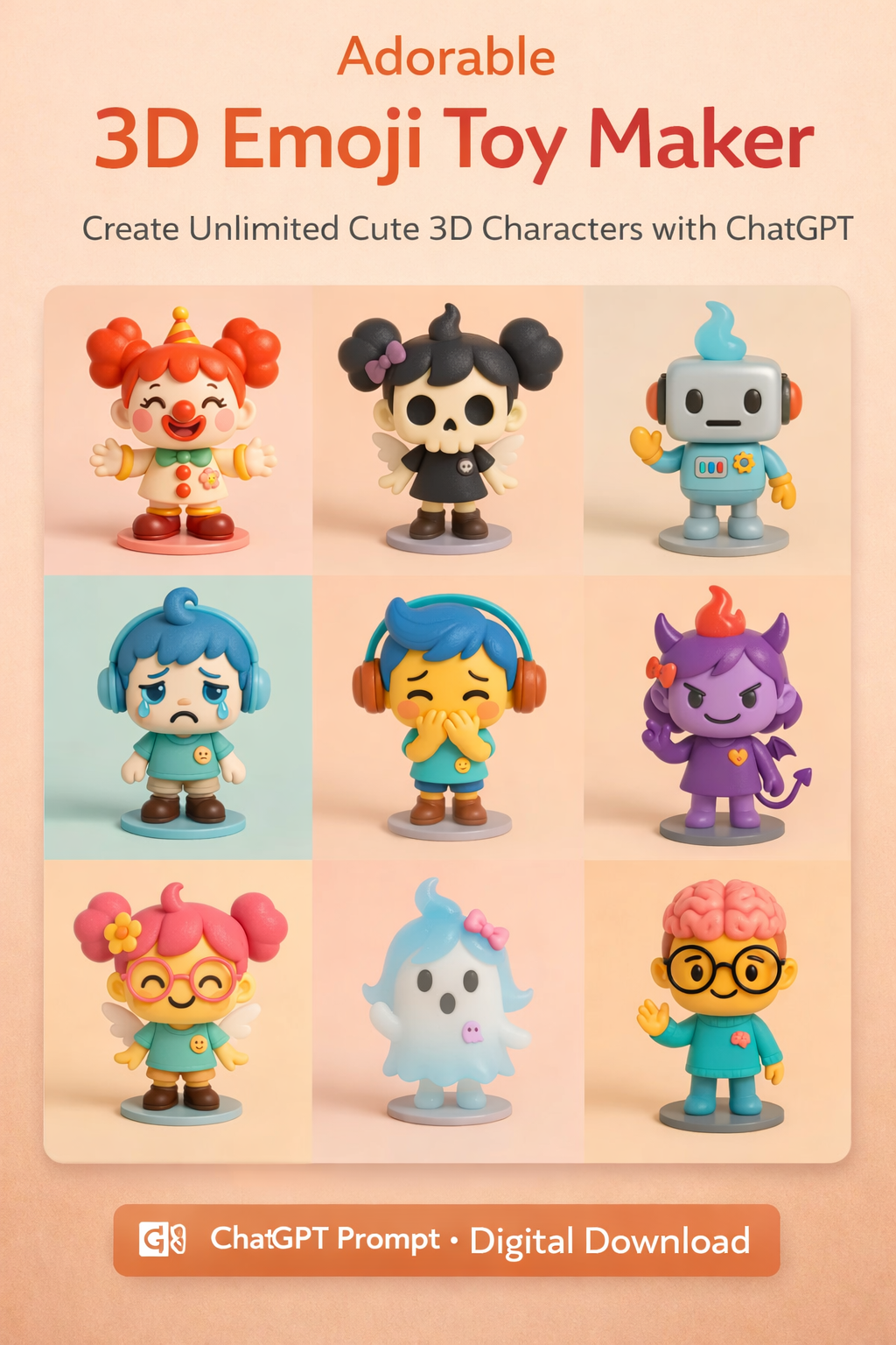 Adorable 3D Emoji Toy Maker - Create Unlimited Cute 3D Characters with ChatGPT (Prompt + Examples)