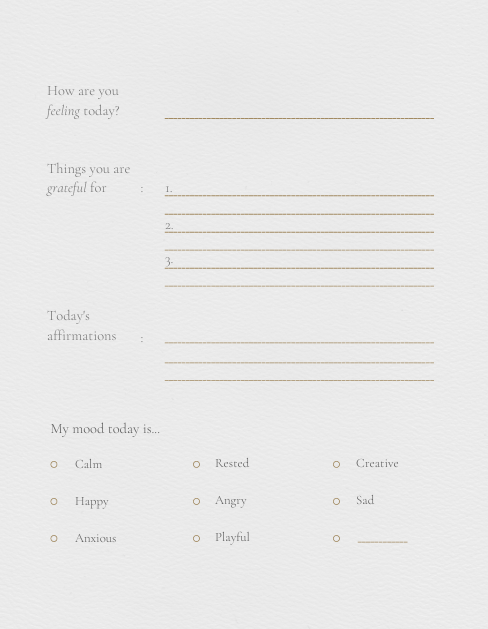 Daily affirmations and mood tracker page from vintage journal with checkboxes for Calm, Rested, Creative, Happy, Angry, Sad, Anxious, Playful – gentle, illustrated layout."