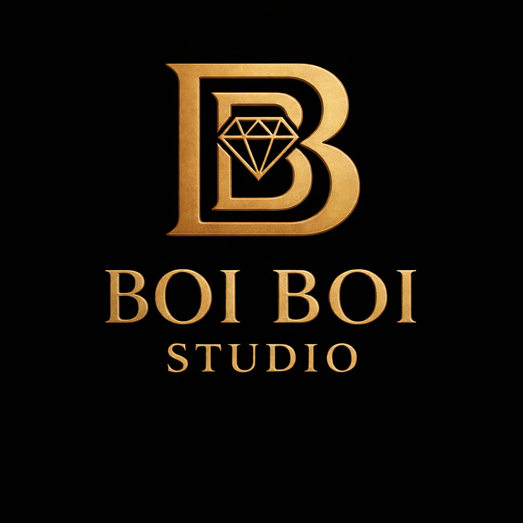 Black background logo for Boi Boi Studio featuring a gold letter B with a diamond icon embedded at the center and elegant gold serif typography reading Boi Boi Studio below.