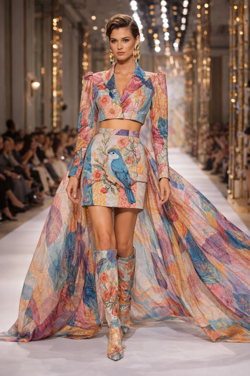 floral couture, runway fashion, pastel fashion editorial, bird print dress, luxury fashion photography, haute couture outfit, magazine cover image, designer fashion lookfashion mockup editorial mockup magazine cover mockup luxury fashion display runway ph