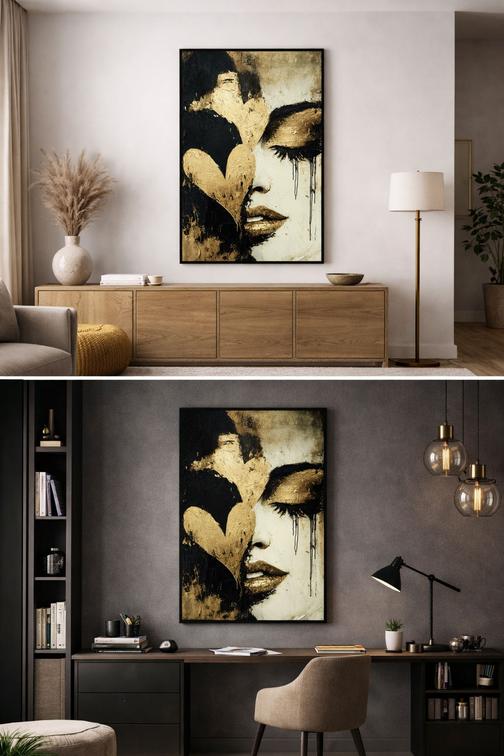 Œuvre d’art digital Gold Collection – Silence Doré, représentant un visage féminin aux yeux fermés, recouvert de textures dorées et noires avec un cœur doré peint, ambiance poétique, introspective et contemporaine.
