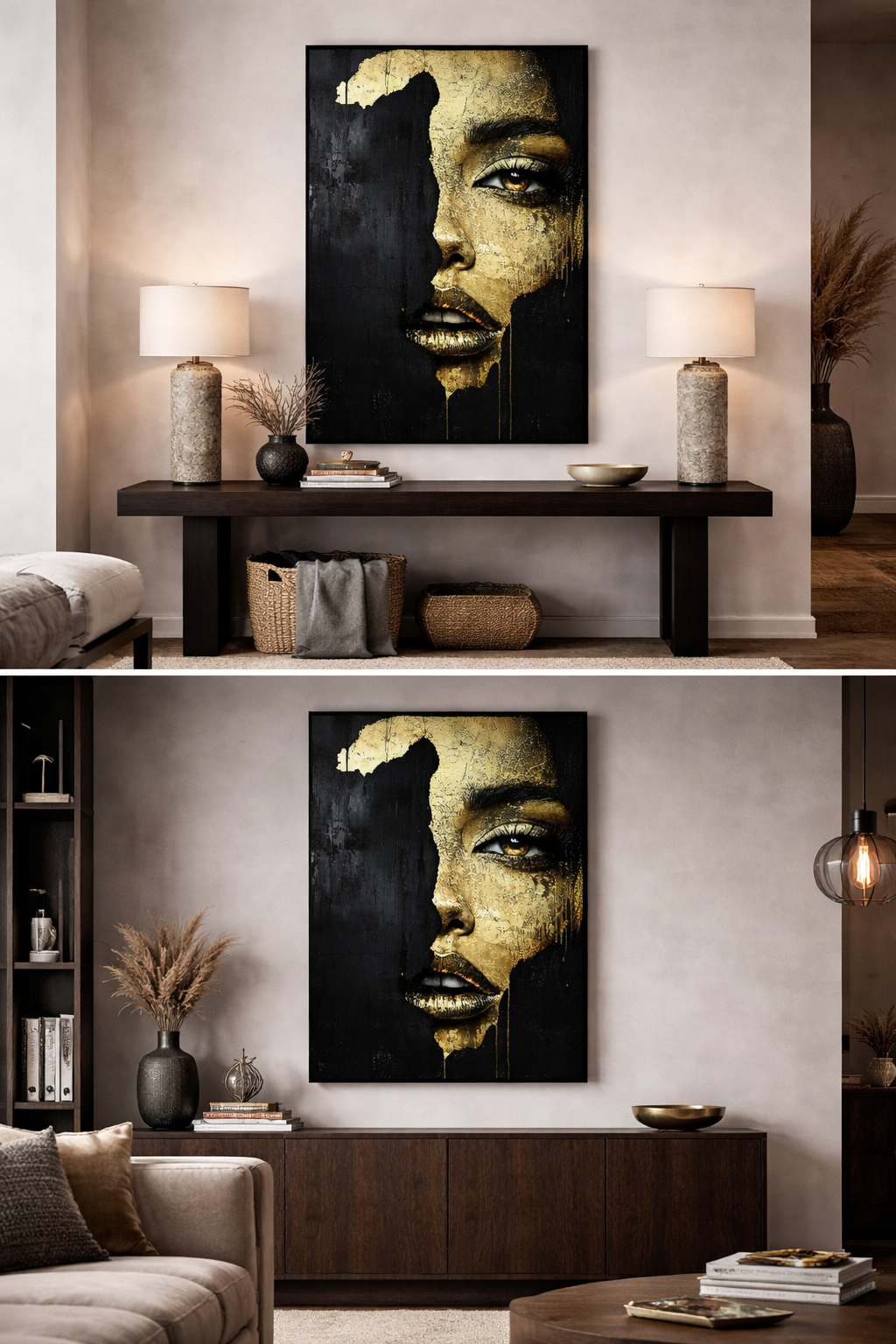 Œuvre d’art digital Gold Collection – Regard D’Or, représentant un visage féminin partiellement couvert d’or texturé, regard intense sur fond sombre, ambiance contemporaine, puissante et artistique.