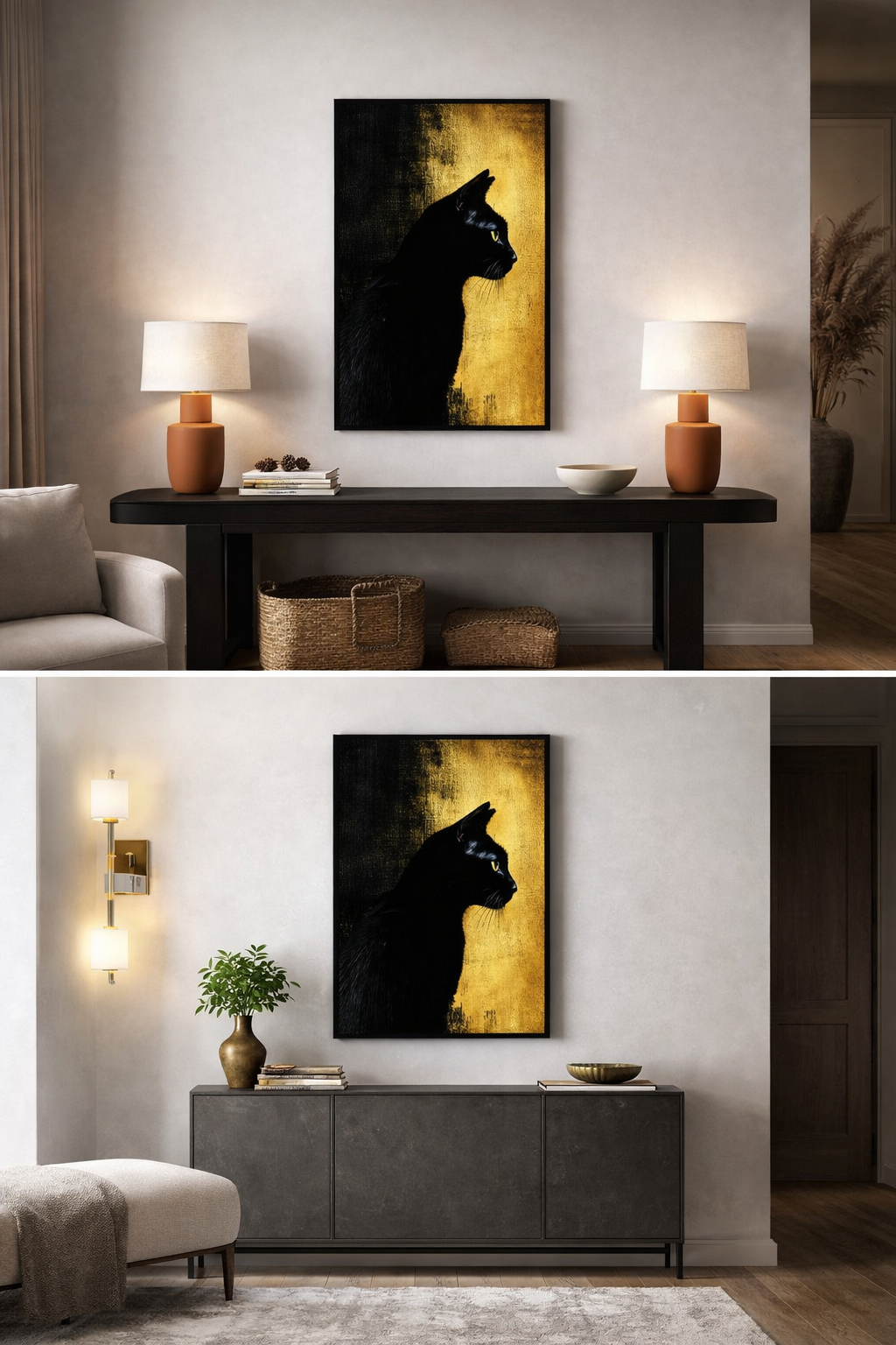 Œuvre d’art digital Gold Collection – Gardien D’Or, représentant un chat noir de profil regardant vers une lumière dorée, sur fond texturé noir et or, ambiance protectrice, élégante et contemporaine.