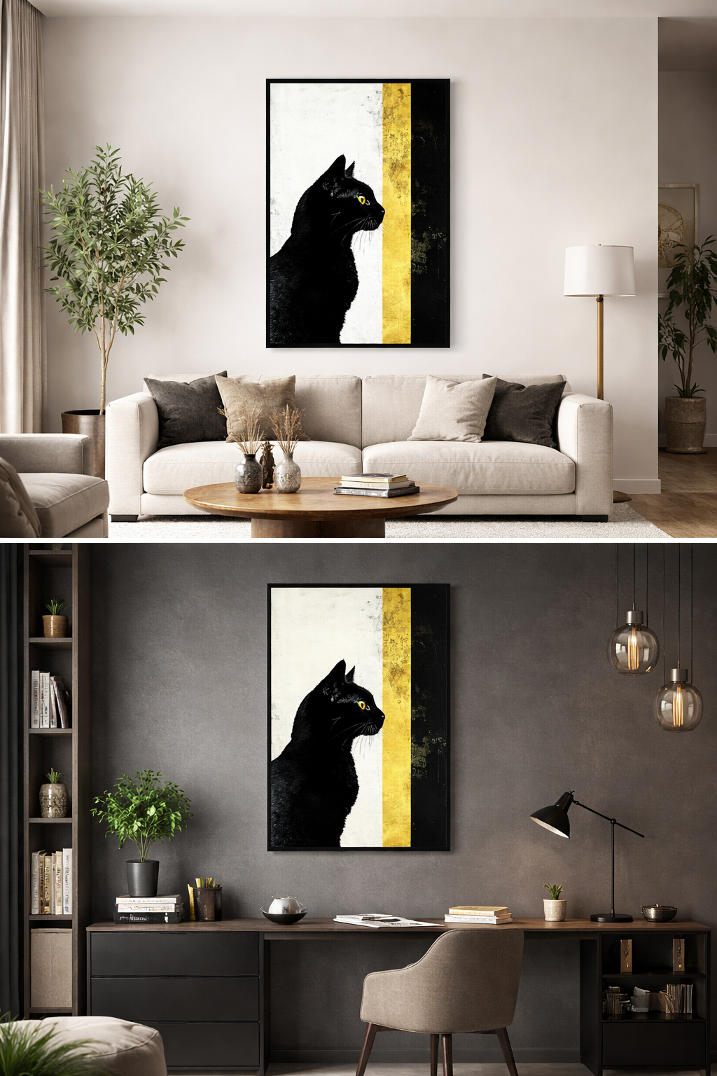 Œuvre d’art digital Gold Collection – Axe Sacré, représentant un chat noir au regard doré de profil, traversé par une bande verticale dorée sur fond texturé noir et blanc, ambiance symbolique, élégante et contemporaine.