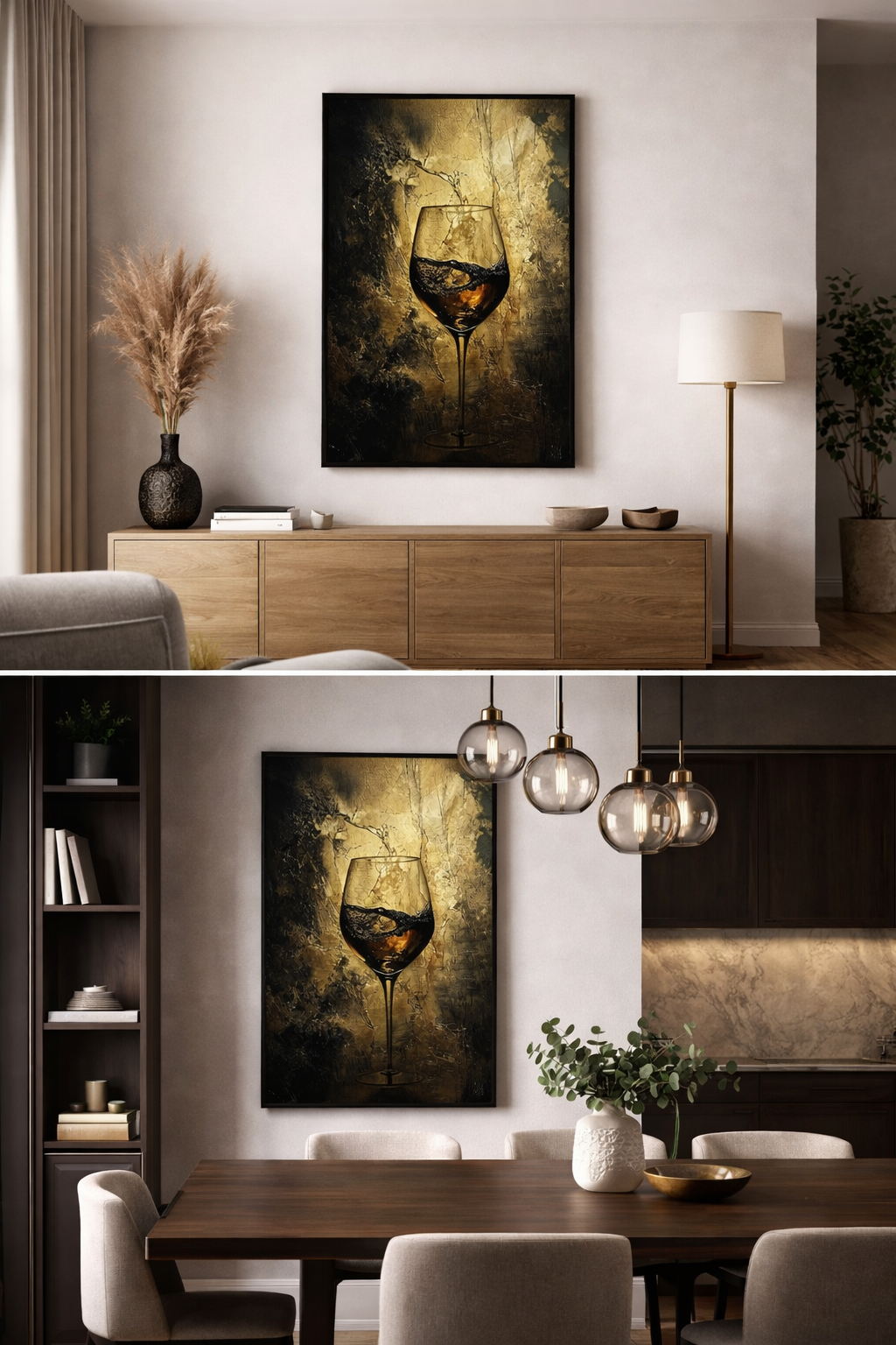 Œuvre d’art digital Gold Collection – Ivresse Dorée, représentant un verre élégant partiellement rempli sur un fond texturé doré et noir, ambiance luxueuse, artistique et contemporaine.
