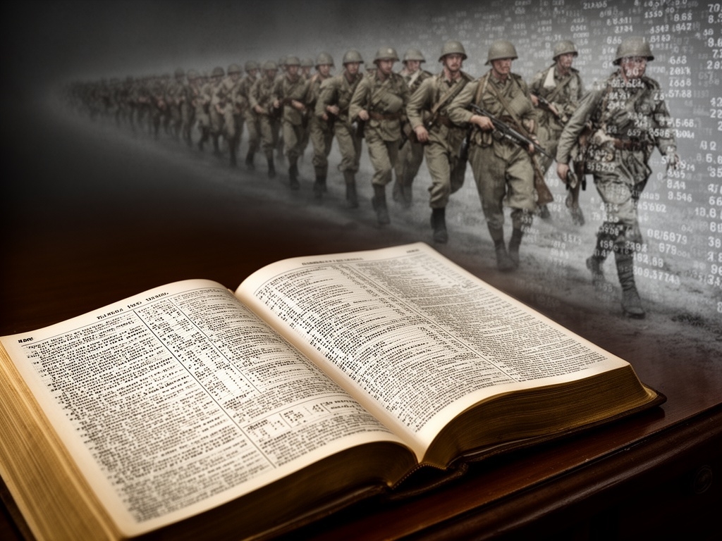 World War II history textbooks contrasted with marching soldiers, showing the gap between written history and lived wartime experience