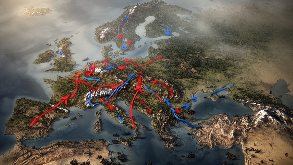 World War II strategy map of Europe with arrows and troop movements, representing abstract textbook history rather than lived wartime experience