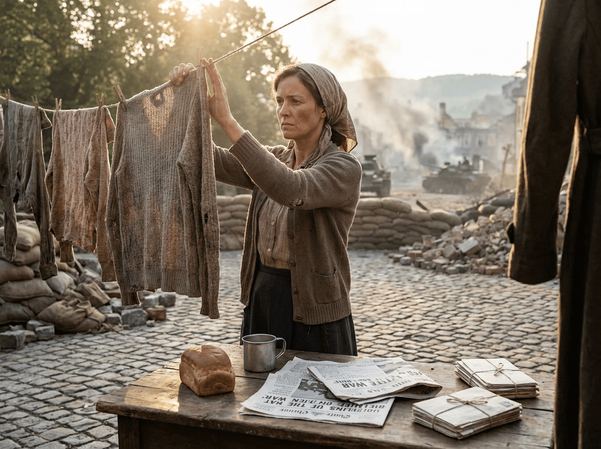 Photorealistic image depicting the daily life of an ordinary woman during WWII, hanging laundry in a small, war-touched town. Distant sounds of conflict linger in the background, creating a subtle tension. The fabric she handles shows rich texture, conveying its worn and faded history. Sunlight casts intricate patterns of dappled shadows, highlighting her expression of determination. Nearby, a simple meal sits on an uneven table, alongside scattered newspapers and personal letters, signifying connections to people far away. The contrast between mundane tasks and the impending conflict is captured in warm hues and layered textures, invoking a sense of resilience and introspection amid chaos.