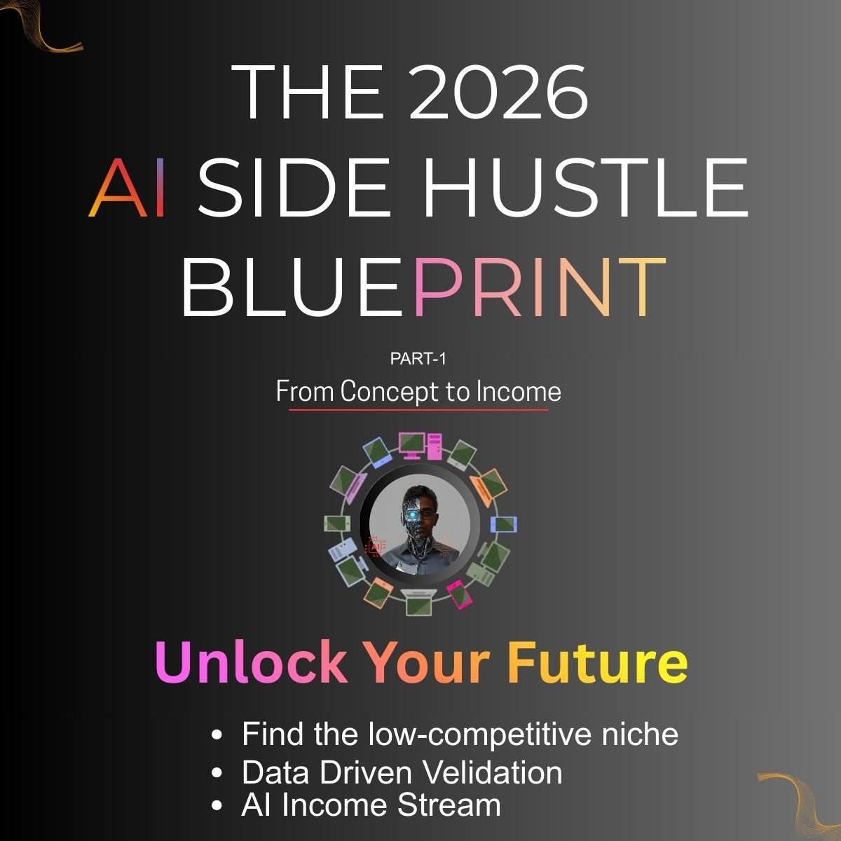 The 2026 AI Side Hustle Blueprint Part 1 ebook cover showing digital automation and future income strategies.