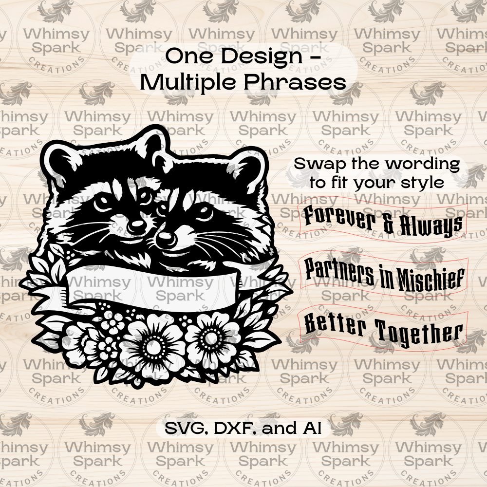 Raccoon couple svg showing phrase options including forever and always, partners in mischief, and better together