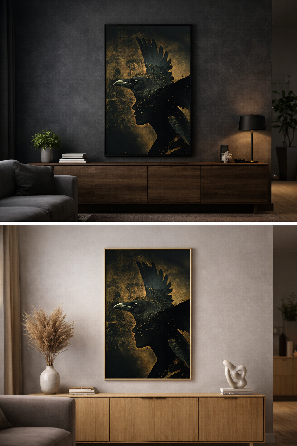 Œuvre d’art digital Gold Collection – Envol Sacré, représentant un visage féminin de profil fusionné avec un oiseau aux ailes déployées, dans une ambiance noire et dorée, symbolique, puissante et contemporaine.