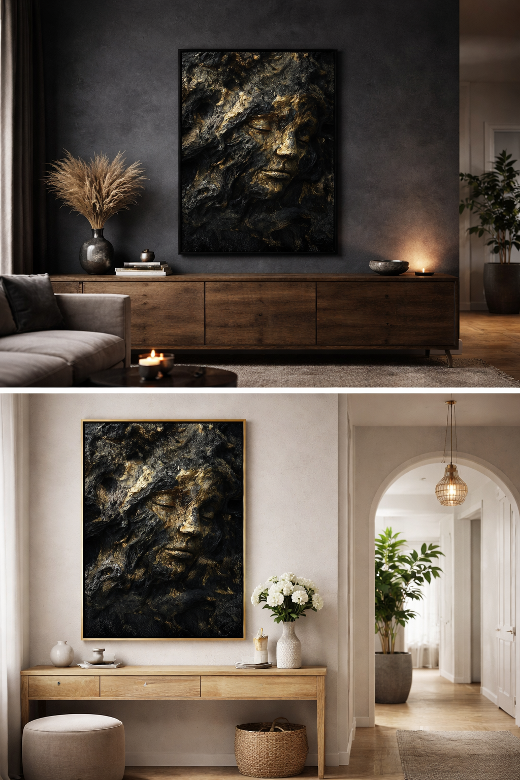 Œuvre d’art digital Gold Collection – Mémoire D’Or, représentant un visage féminin émergent de textures organiques noires et dorées, évoquant la mémoire, le temps et la matière, ambiance artistique et contemporaine.