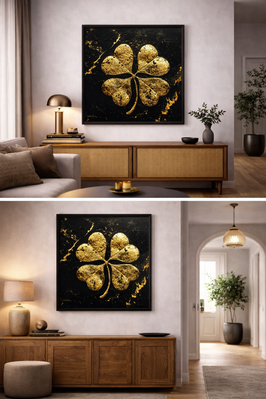 Œuvre d’art digital Gold Collection – Chance D’Or, représentant un trèfle doré texturé à quatre feuilles sur fond noir avec éclats d’or, symbole de chance, d’abondance et d’élégance contemporaine.