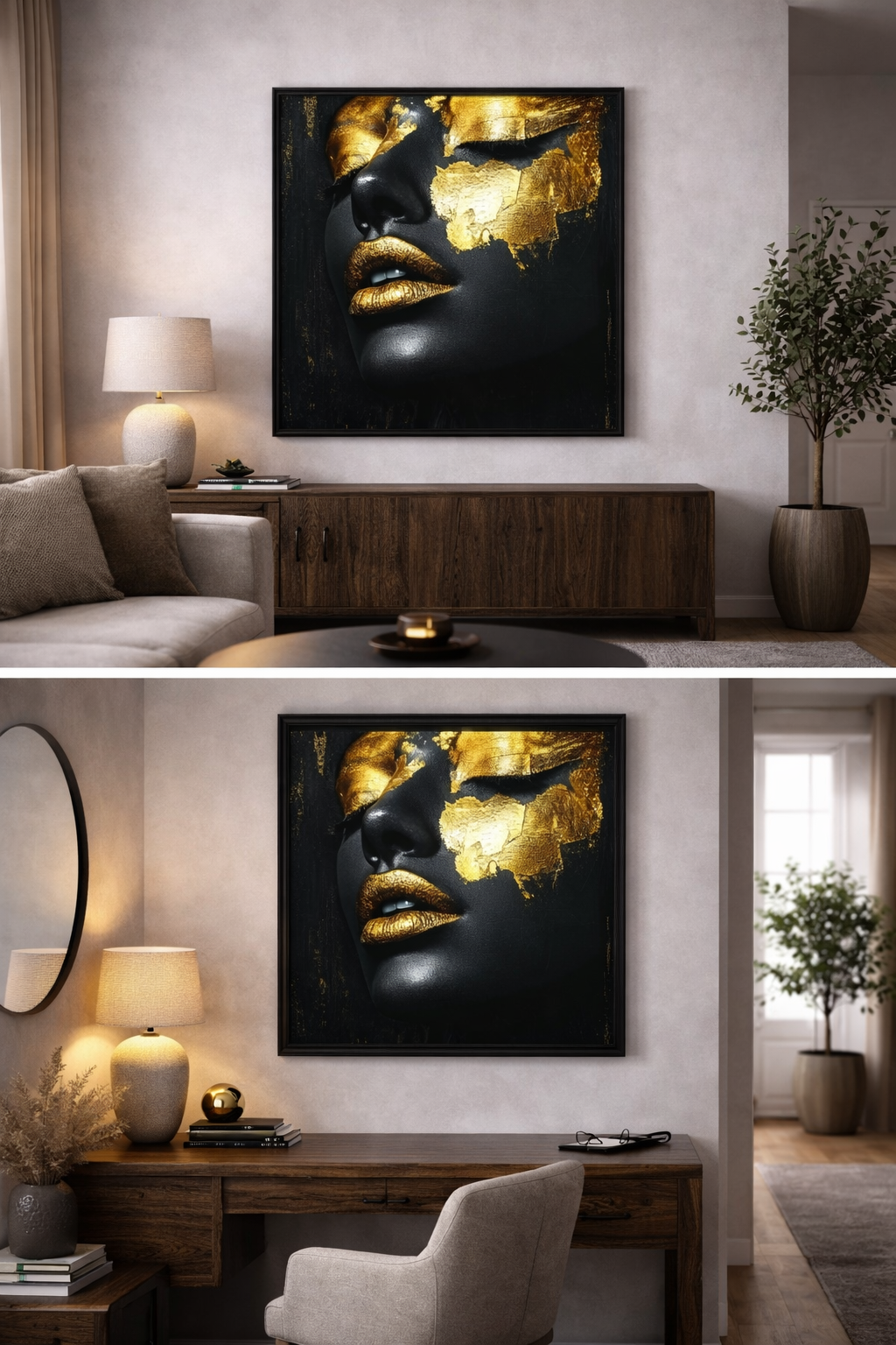 Œuvre d’art digital Gold Collection – Souveraine D’Or, représentant un visage féminin noir intense orné de feuilles d’or sur les yeux et les lèvres, ambiance puissante, élégante et contemporaine.