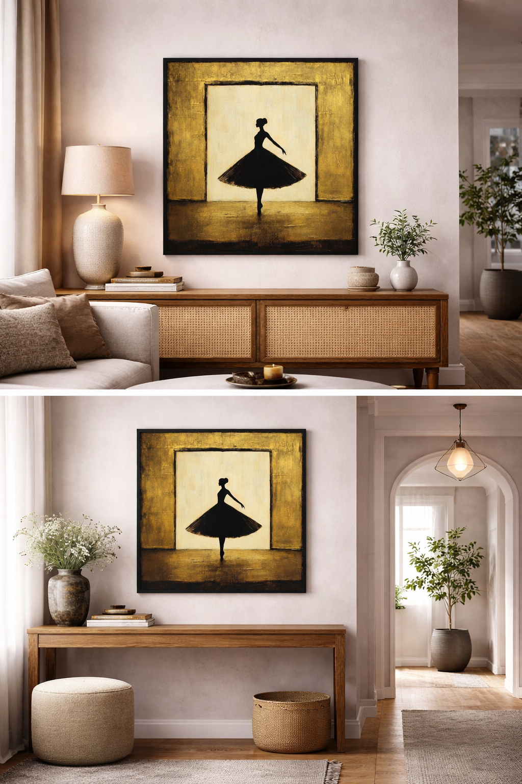Œuvre d’art digital Gold Collection – Pas D’Or, représentant une silhouette de danseuse classique en tutu noir, centrée dans un cadre doré texturé, ambiance élégante, poétique et contemporaine.