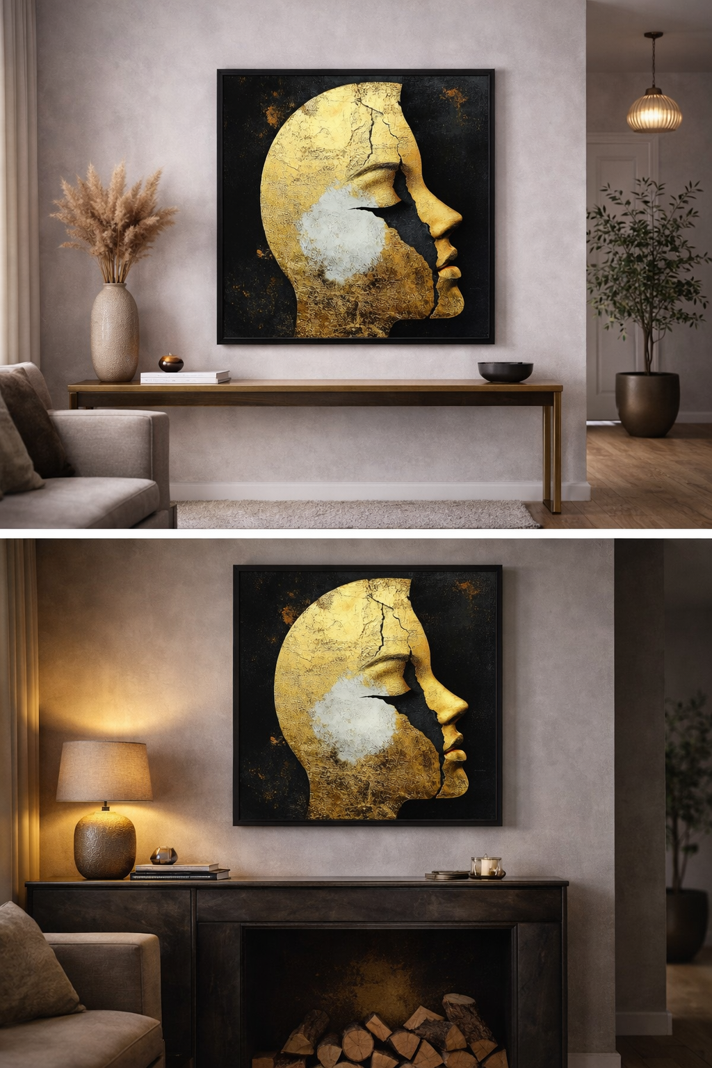 Œuvre d’art digital Gold Collection – Fracture Lumineuse, représentant un visage doré de profil traversé par une fissure sombre, évoquant la résilience, la lumière intérieure et la transformation, ambiance contemporaine et puissante.