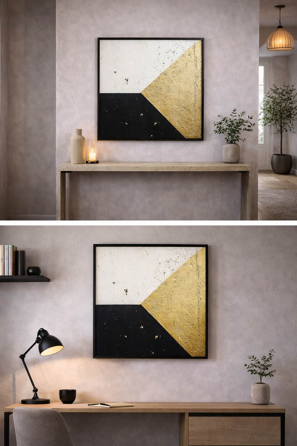 Œuvre d’art digital Gold Collection – Point D’Équilibre, représentant une composition géométrique abstraite en noir, blanc et or texturé, symbolisant l’harmonie, l’équilibre et le design contemporain.