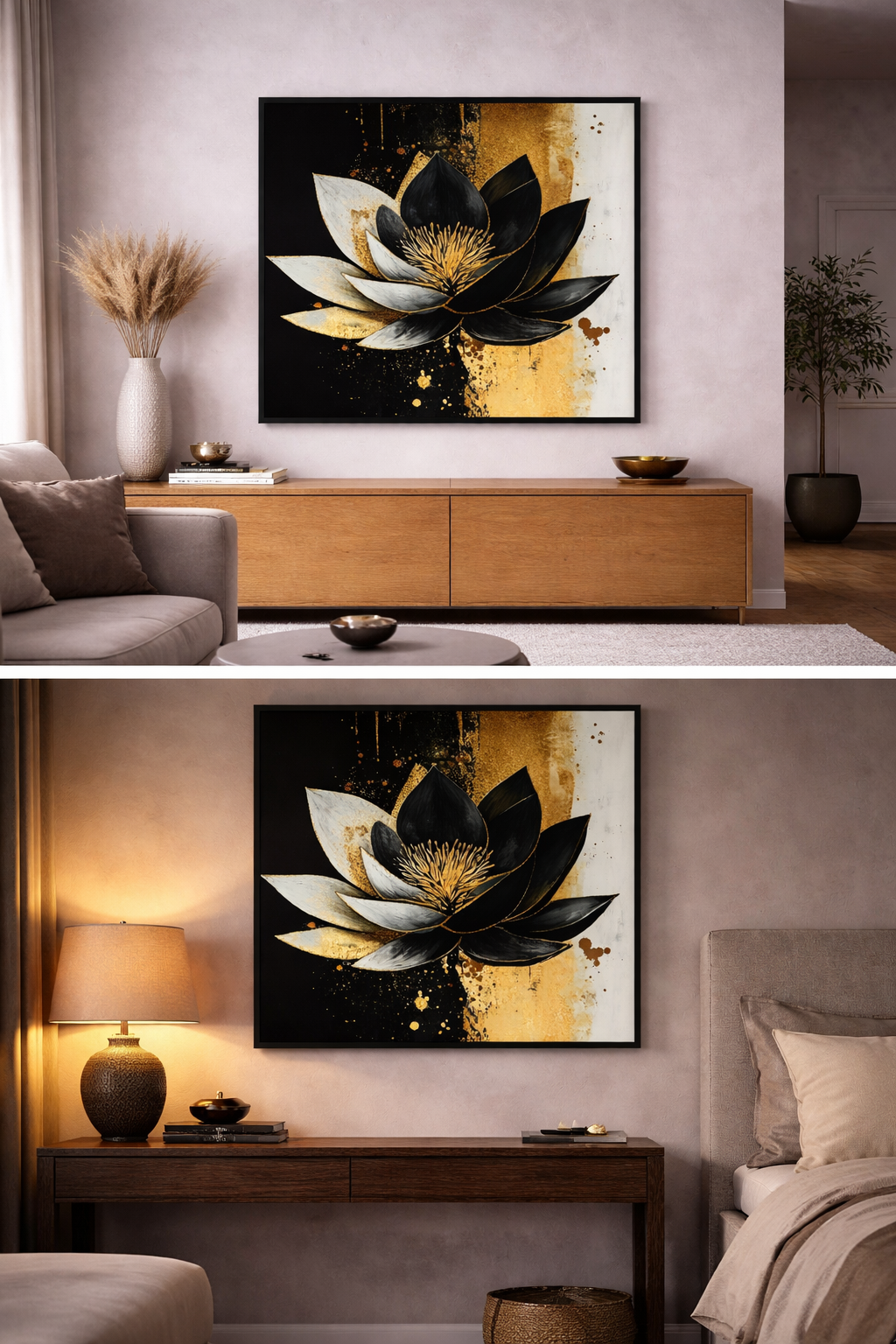Œuvre d’art digital Gold Collection – Renaissance Lumineuse, représentant une fleur stylisée aux pétales noirs et bleutés avec cœur doré, sur fond contrasté noir, blanc et or, symbolisant le renouveau et la lumière intérieure.