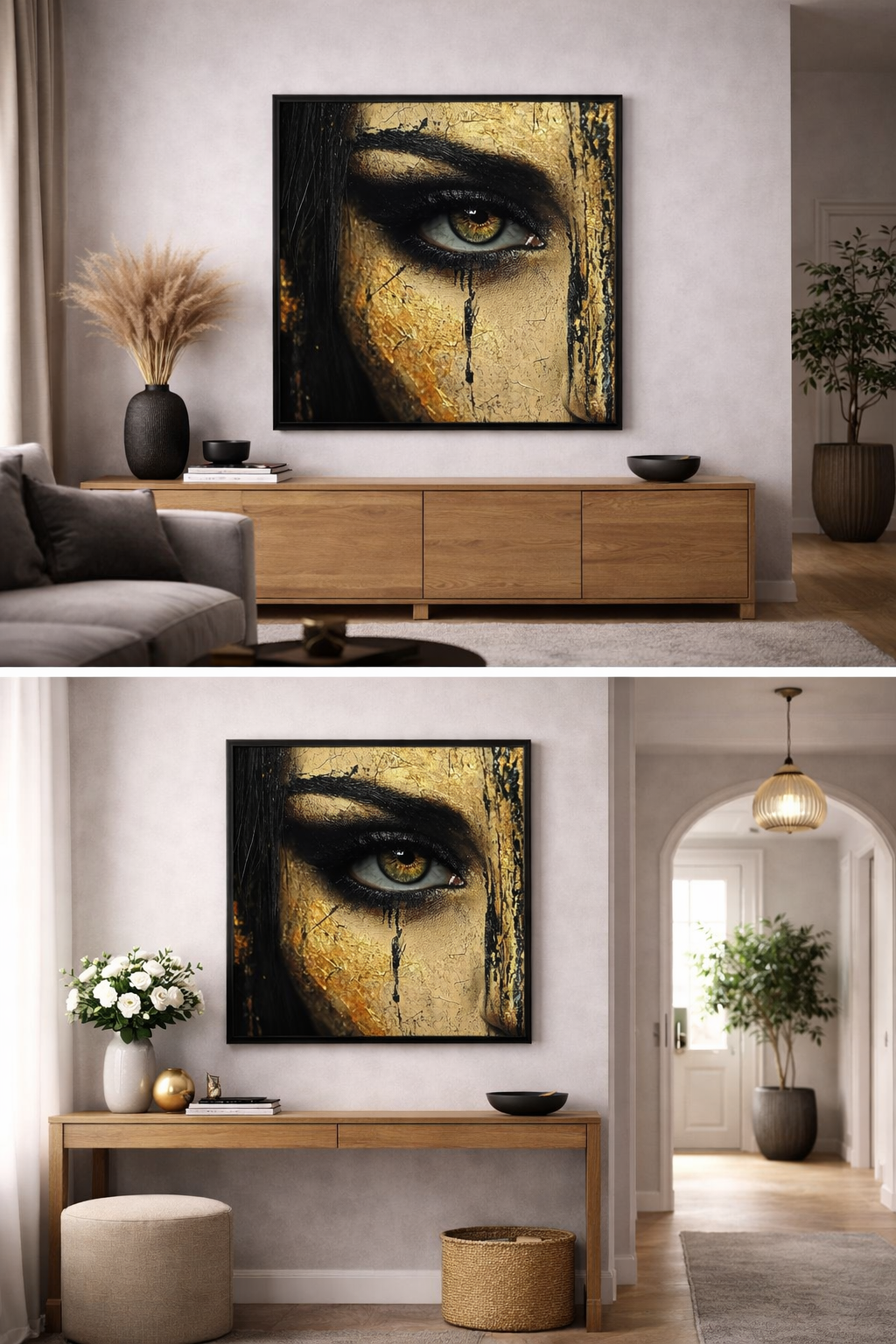 Œuvre d’art digital Gold Collection – Vérité D’Or, représentant un regard intense doré sur un visage texturé or et noir avec coulures sombres, évoquant l’authenticité, la vérité intérieure et la puissance émotionnelle.