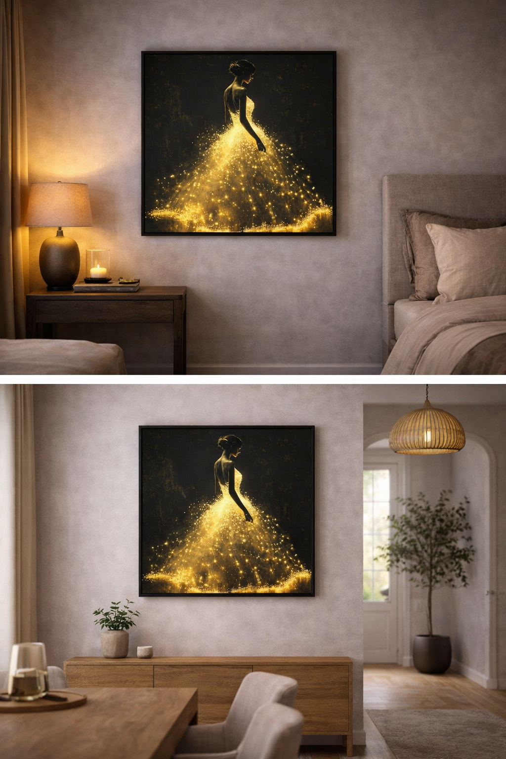 Œuvre d’art digital Gold Collection – Révélation D’Or, représentant une silhouette féminine élégante portant une robe dorée lumineuse et scintillante, sur fond sombre, évoquant la révélation de soi, la lumière intérieure et l’élégance contemporaine.