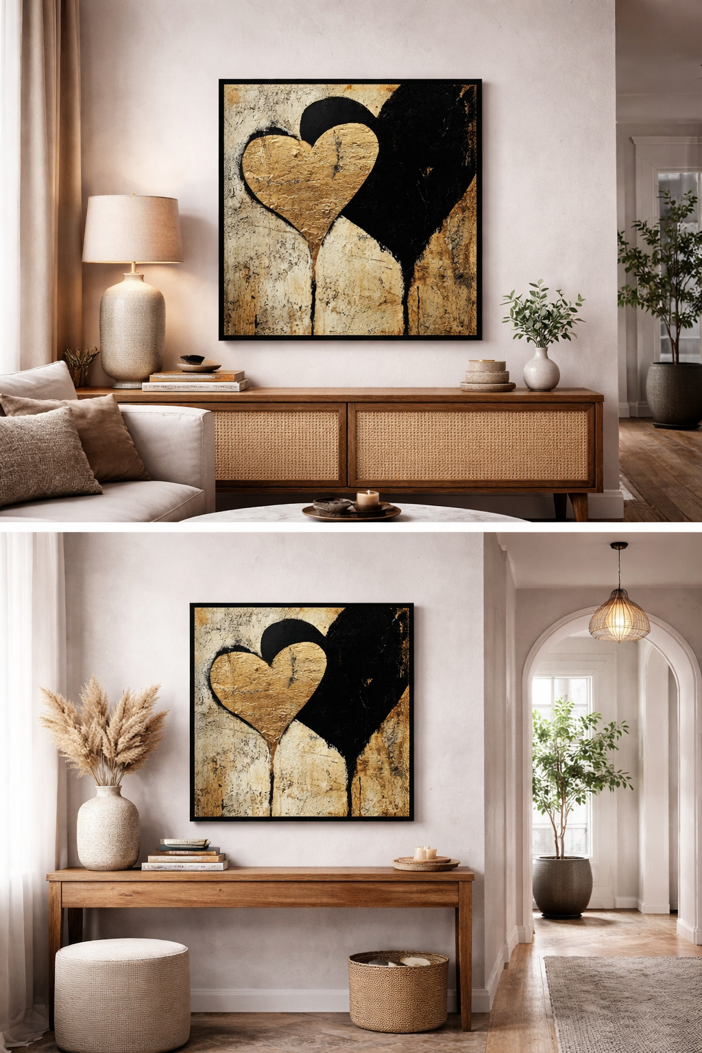 Œuvre d’art digital Gold Collection – Dualité Dorée, représentant deux cœurs imbriqués, l’un doré et l’autre noir, sur fond texturé clair et or, symbolisant l’amour, la dualité émotionnelle et l’équilibre entre ombre et lumière.