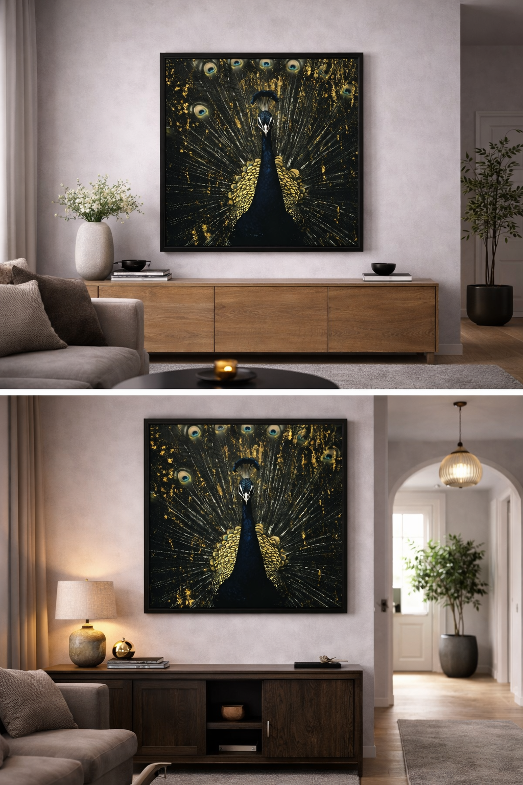 Œuvre d’art digital Gold Collection – Majesté Sacrée, représentant un paon majestueux aux plumes déployées, mêlant noir, bleu et or texturé, symbolisant la noblesse, la beauté sacrée et l’élégance contemporaine.