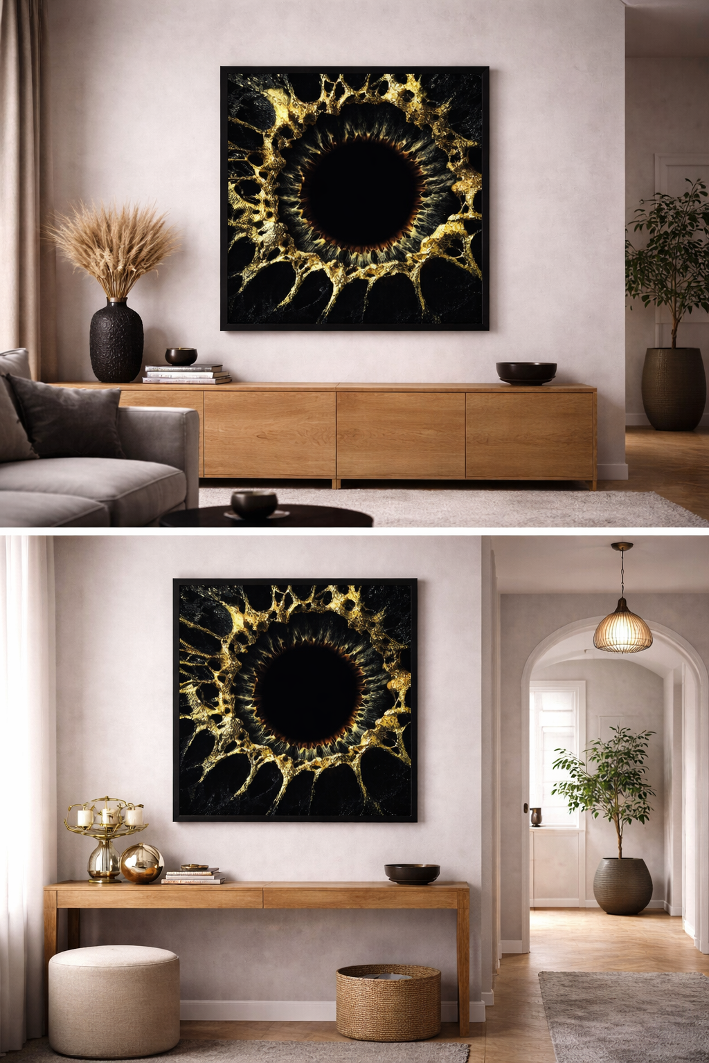 Œuvre d’art digital Gold Collection – Œil Originel, représentant une forme circulaire abstraite évoquant un œil primordial, composée de textures noires et dorées, symbolisant l’origine, la conscience et la profondeur du regard.