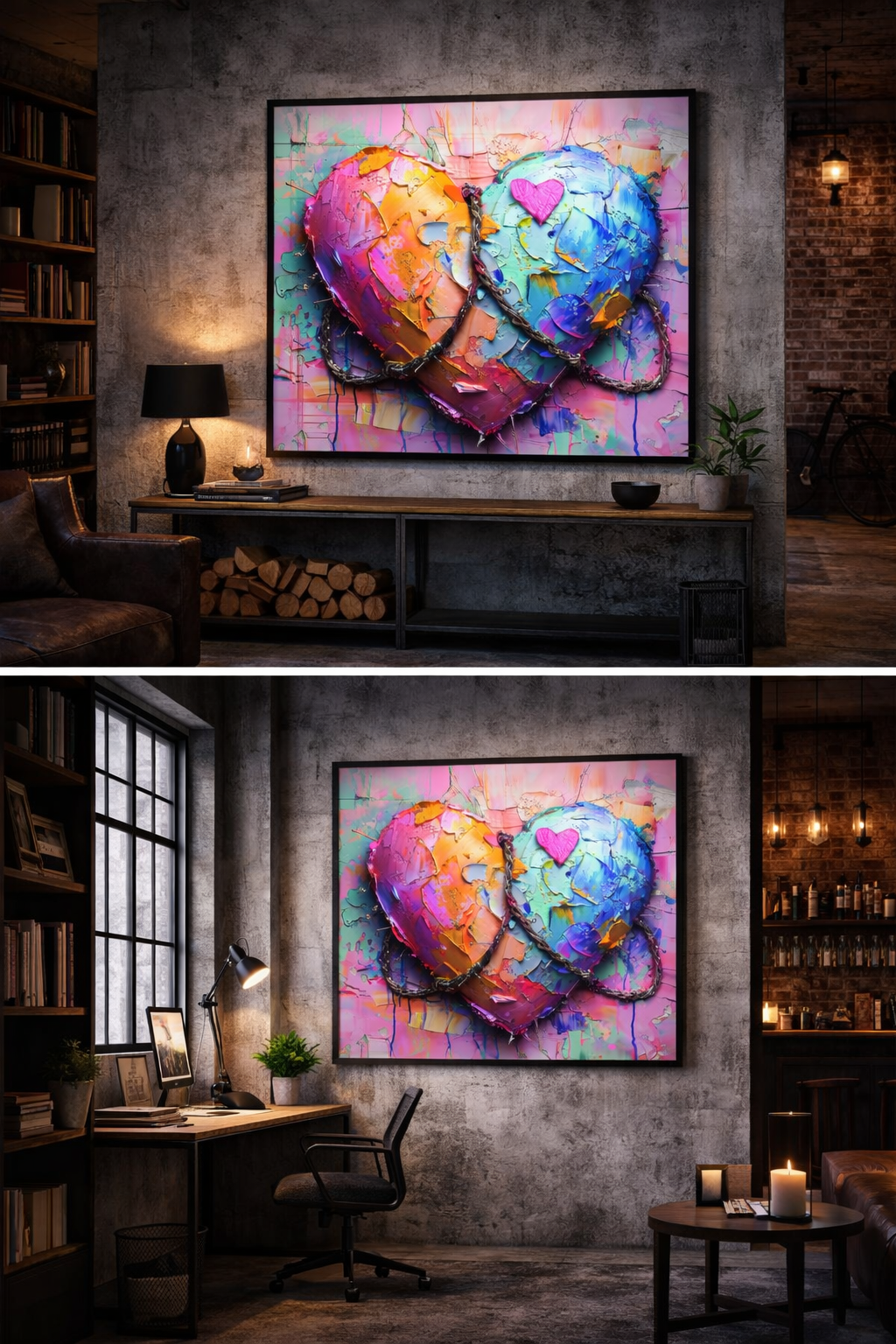 Mockup d’affiche murale représentant l’œuvre Dépendance Affective de la Collection Cœur Fragmenté, un cœur vibrant et fragmenté symbolisant la dépendance affective dans une décoration contemporaine.