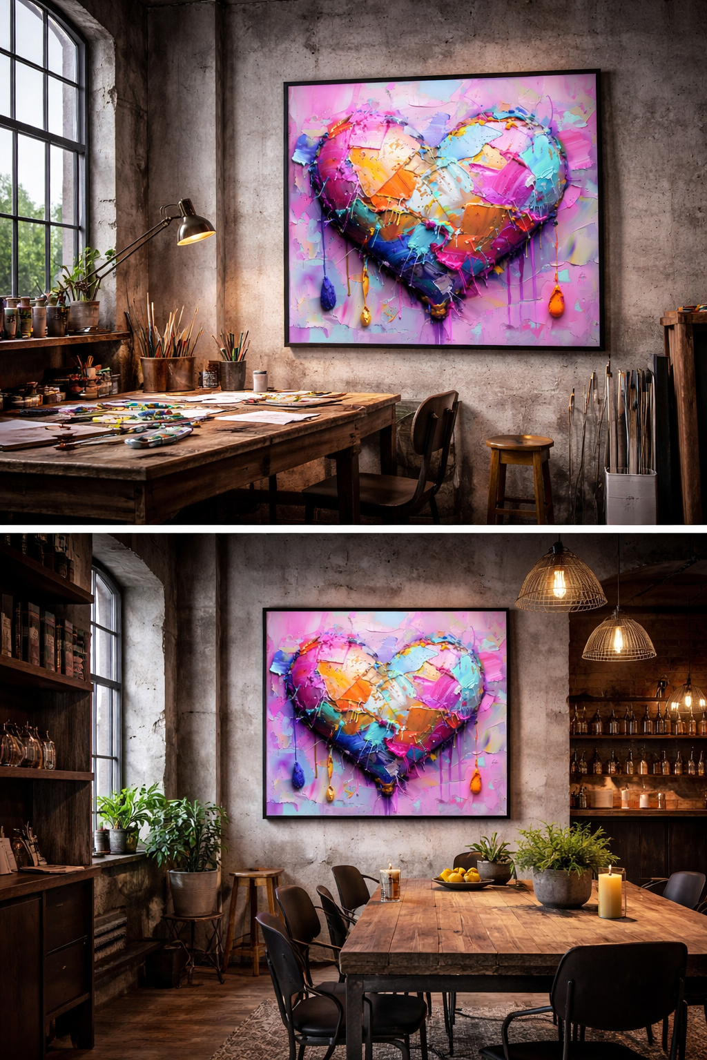 Mockup d’affiche murale mettant en scène l’œuvre Recoller Les Morceaux de la Collection Cœur Fragmenté, illustrant un cœur réparé et coloré dans une décoration artistique moderne.