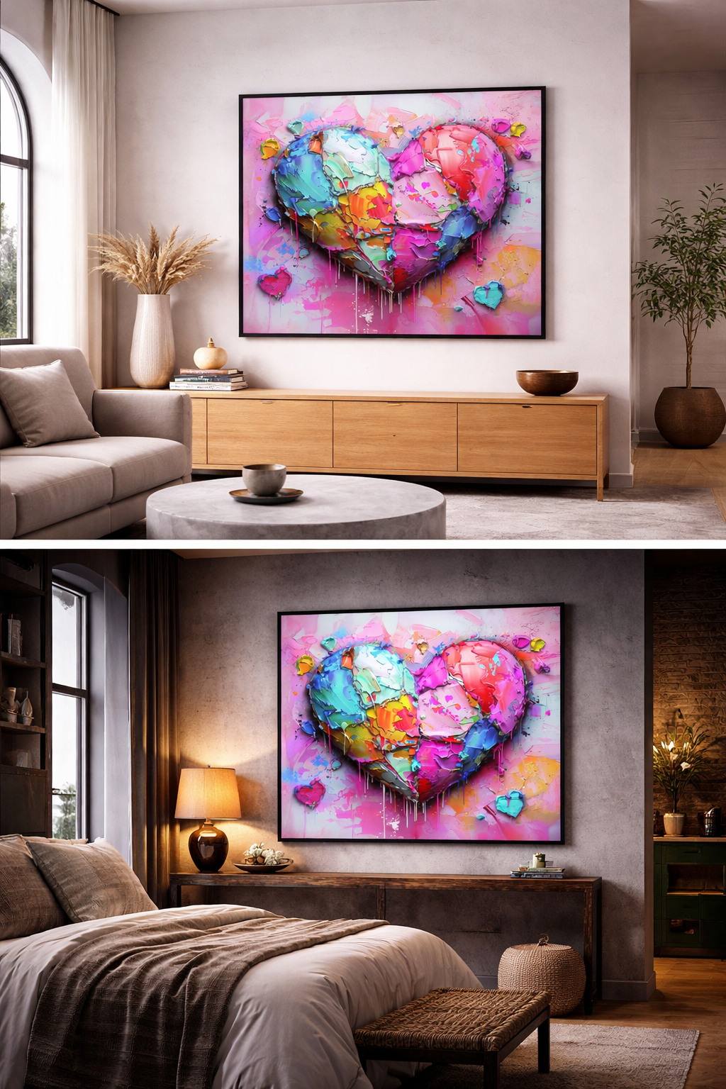 Mockup d’affiche murale avec l’œuvre Aimer Trop Fort de la Collection Cœur Fragmenté, montrant un cœur vibrant et explosif dans une décoration artistique moderne.