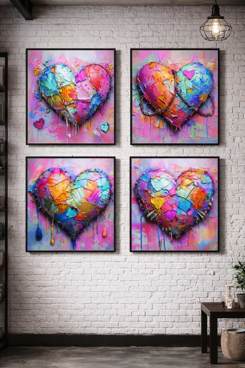 Mockups d’affiches murales présentant la Collection Cœur Fragmenté, une série de quatre œuvres d’art digital représentant des cœurs fragmentés et colorés, illustrant les différentes formes de l’amour dans une décoration contemporaine.