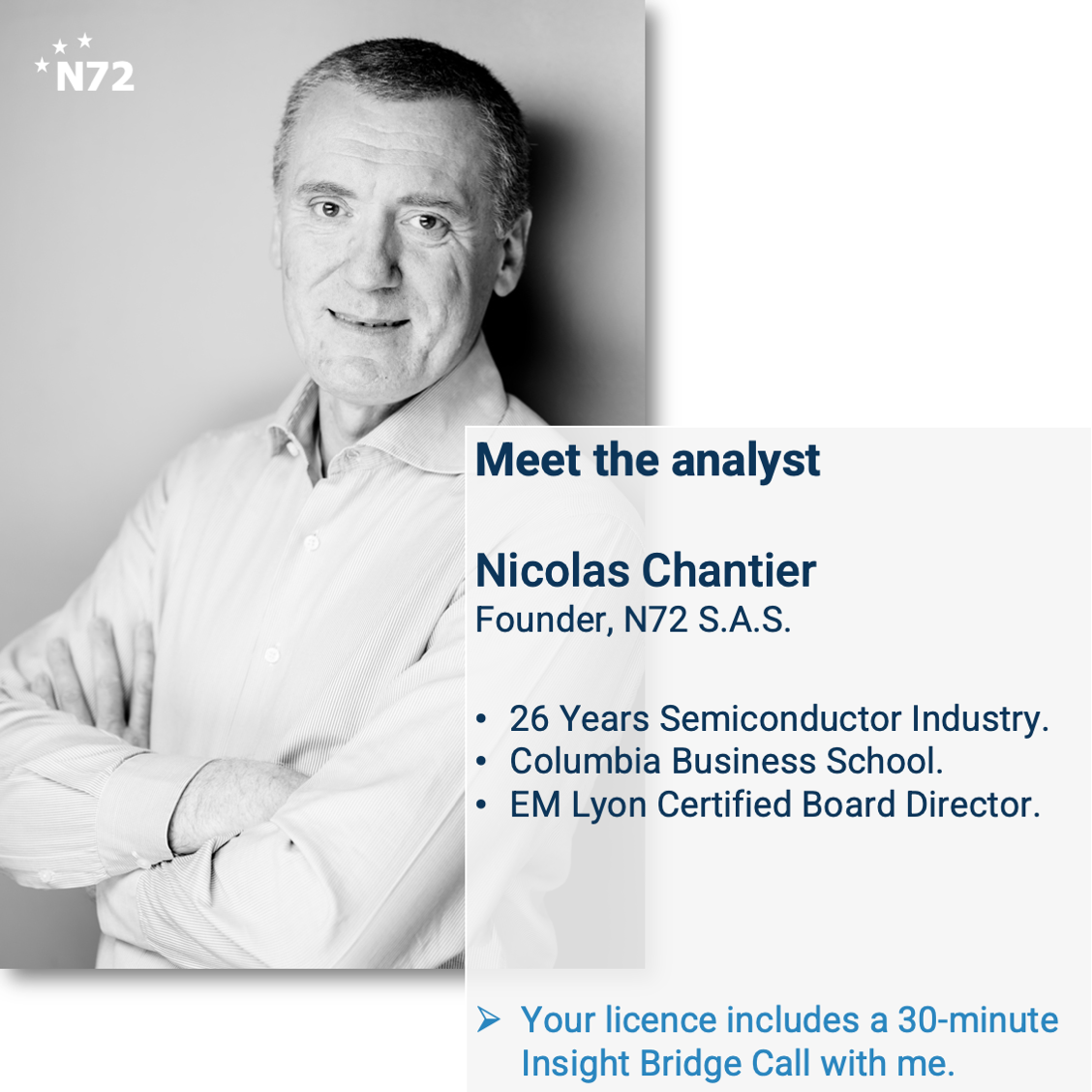 Semiconductor analyst Nicolas Chantier, founder of N72 S.A.S., with 26 years industry experience, Columbia Business School background and board director certification, offering a complimentary 30‑minute Insight Bridge Call included with the AI Economy Inf