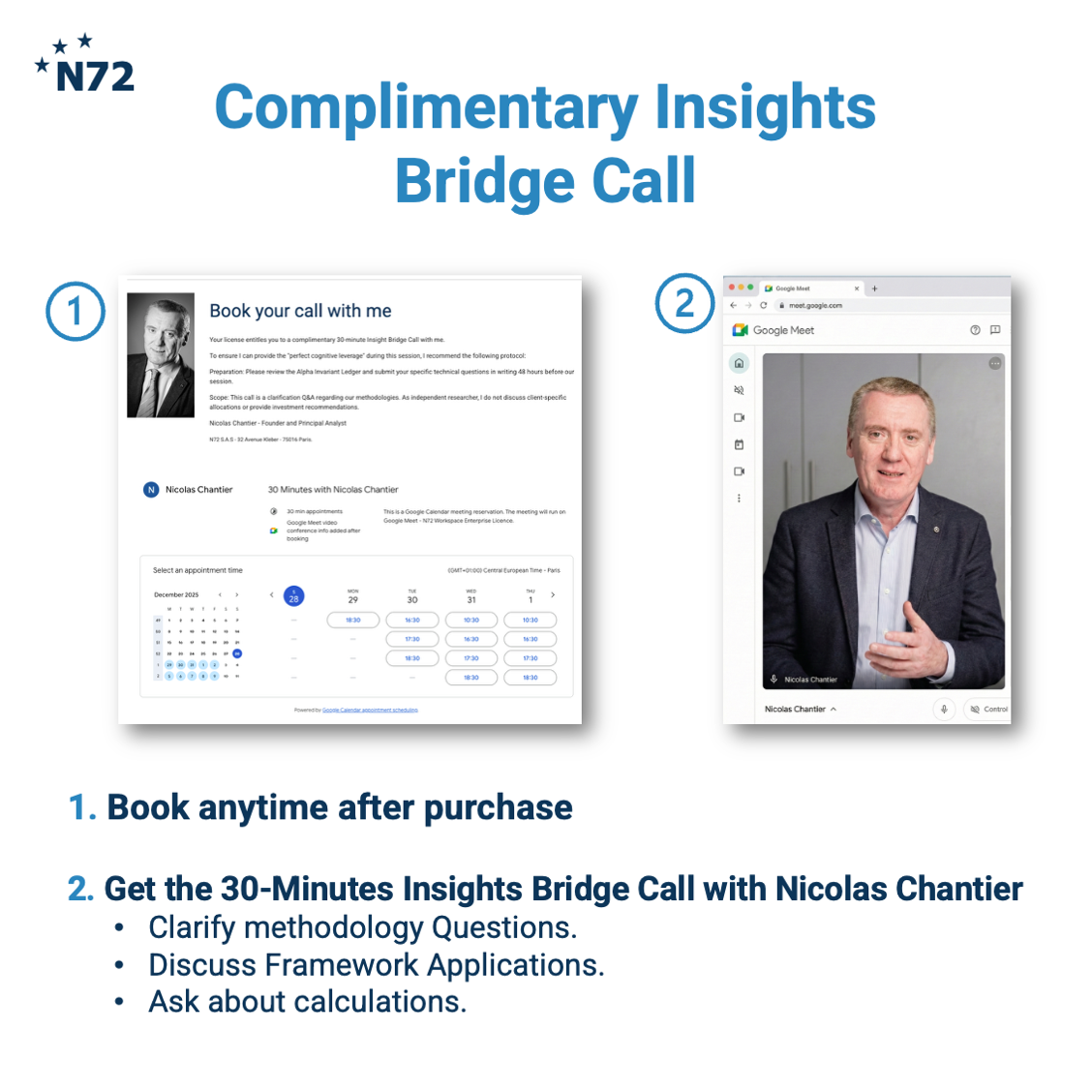 Semiconductor analyst Nicolas Chantier, founder of N72 S.A.S., with 26 years industry experience, Columbia Business School background and board director certification, offering a complimentary 30‑minute Insight Bridge Call included with the AI Economy Inf