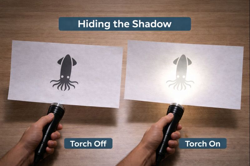 wo side-by-side photos of a paper with a squid shape. On the left, a torch is off and the squid’s shadow is visible. On the right, a torch shines through the paper so the shadow is hidden.