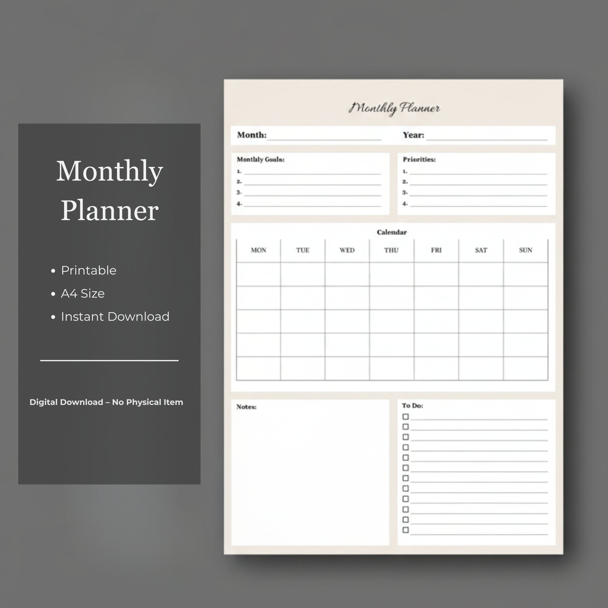 Monthly Planner Printable – A4 Size (Beige Black & White) | Instant