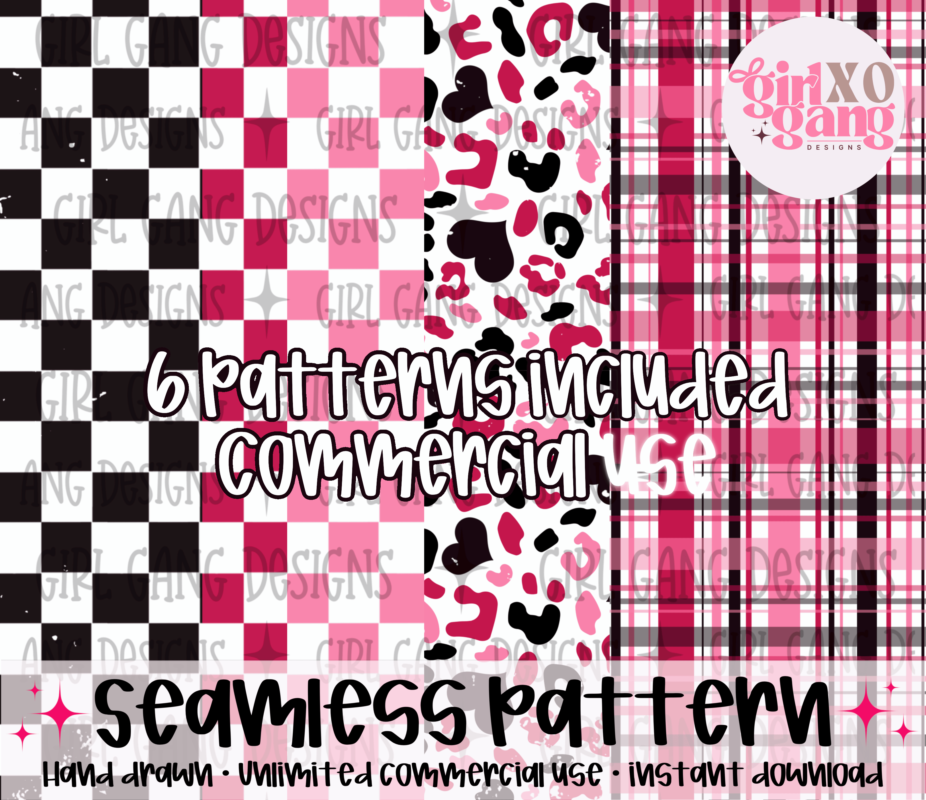 6 valentine seamless patterns PNG, red pink black checker, heart ...