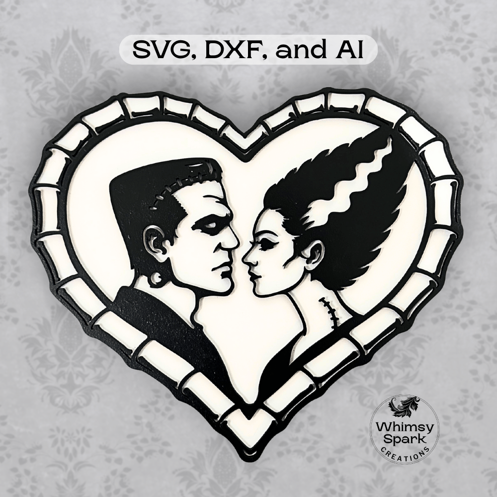 Gothic Frankenstein couple facing each other inside a heart frame, dark romance horror style laser cut SVG design for Valentine decor.