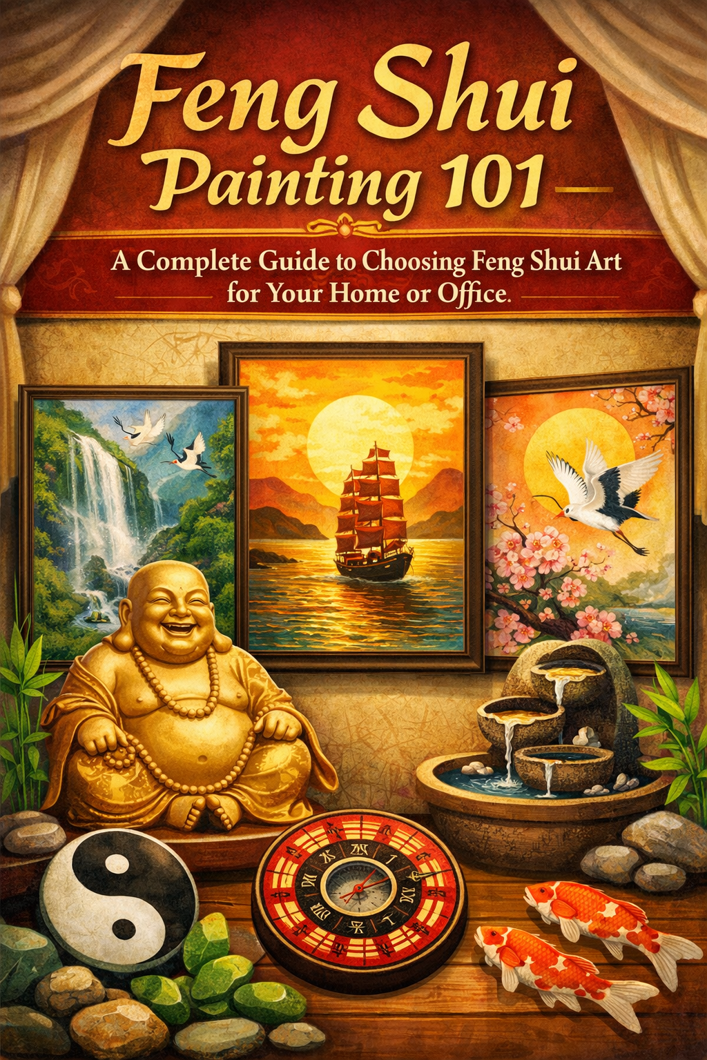 Book cover illustration for “Feng Shui Painting 101: A Complete Guide to Choosing Feng Shui Art for Your Home or Office”, featuring a warm, elegant Feng Shui scene with three framed paintings (waterfall, sailing ship at sunset, and crane with blossoms), a