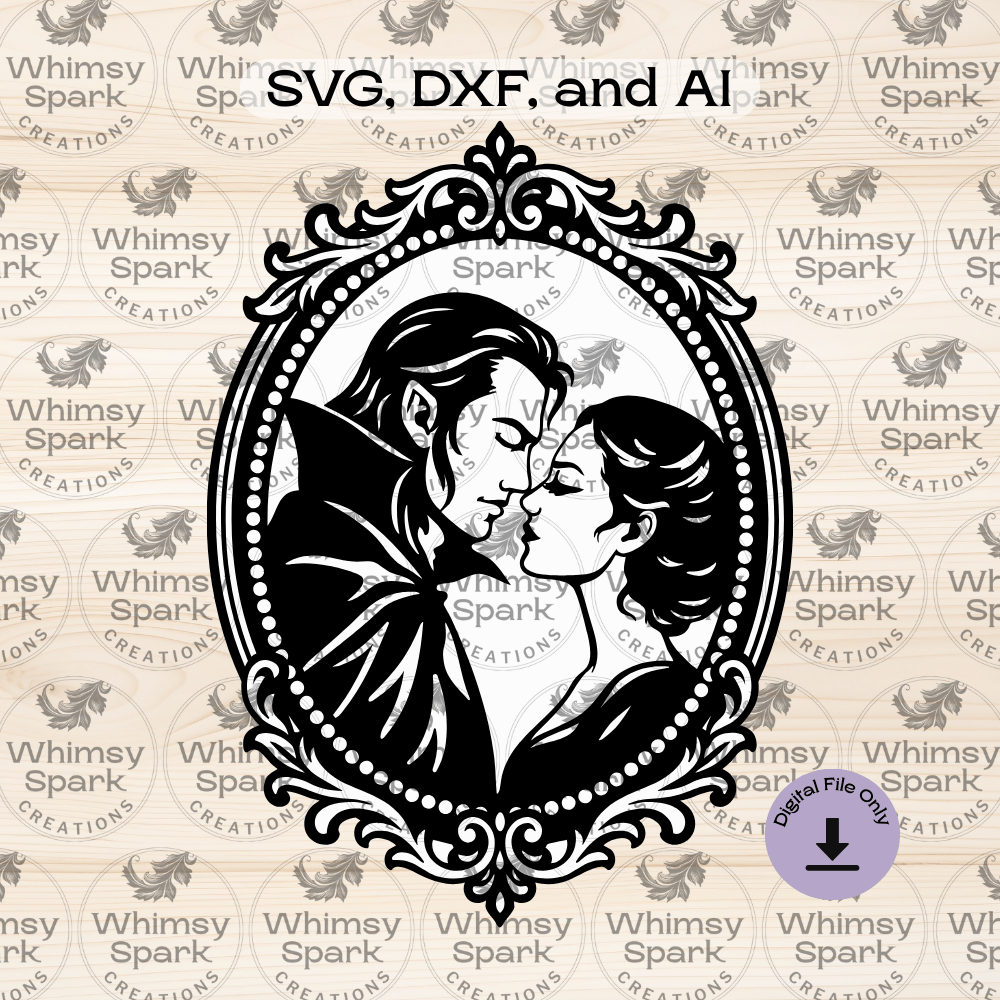 Gothic vampire couple kissing in a Victorian cameo frame, dark romance laser cut SVG for Valentine, wedding, and anniversary decor.