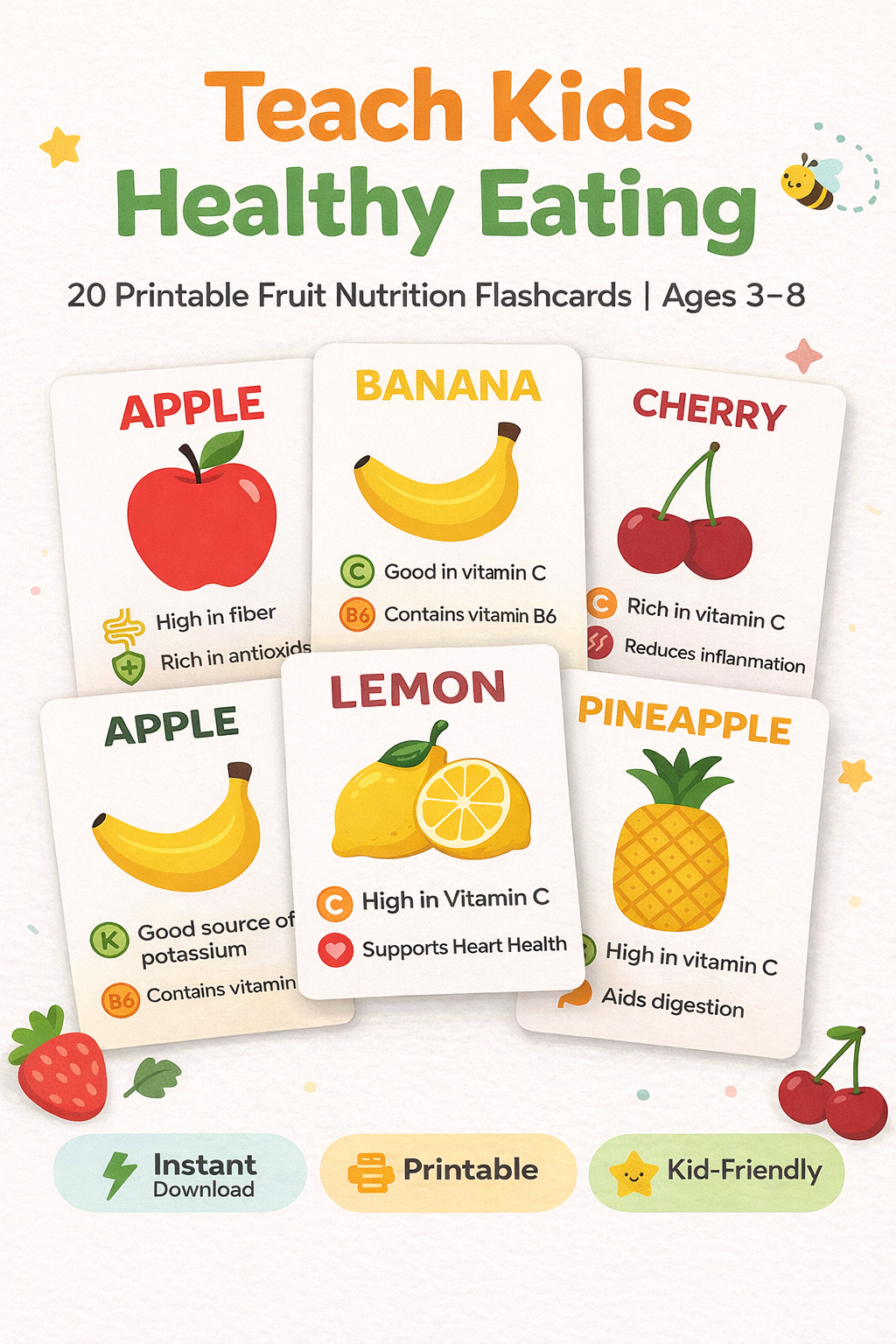Teach Kids Healthy Eating – Printable Fruit Nutrition Flashcards (Ages 3–8)