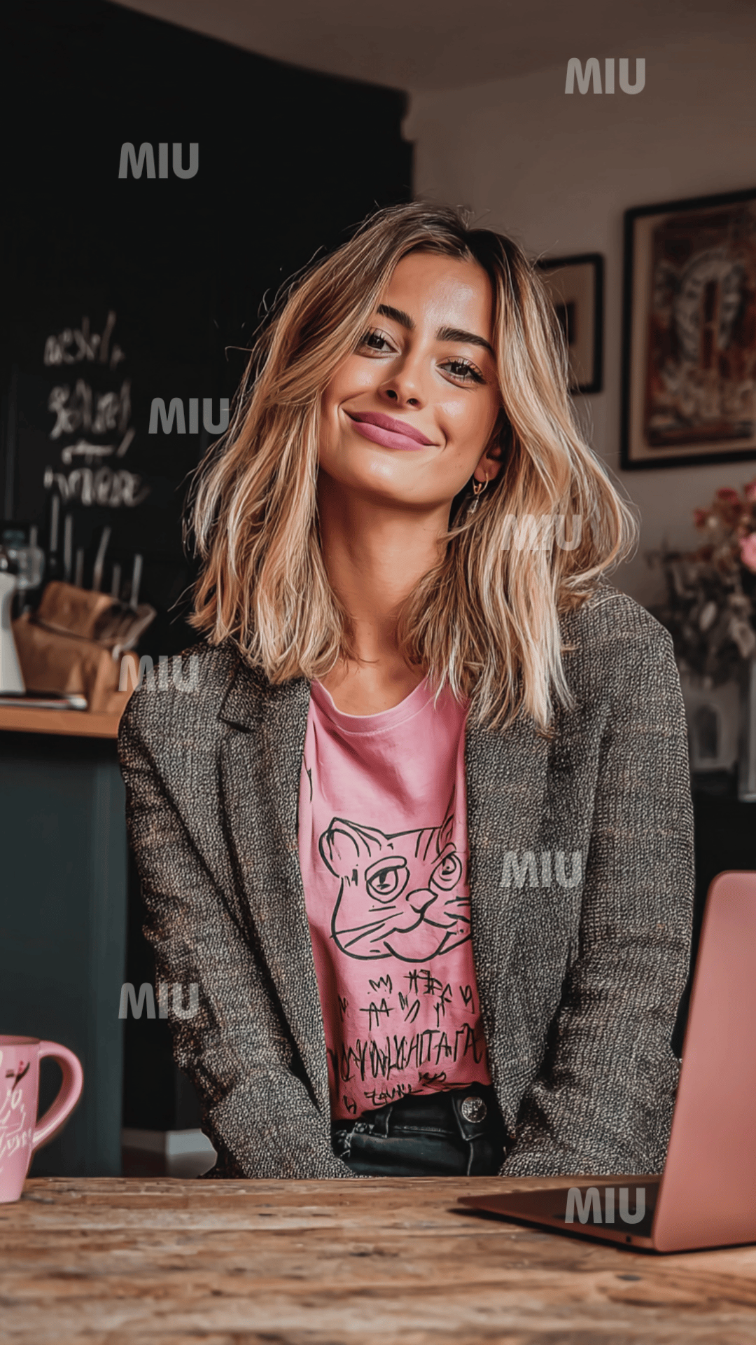 Femme entrepreneuse souriante assise à une table avec ordinateur portable
