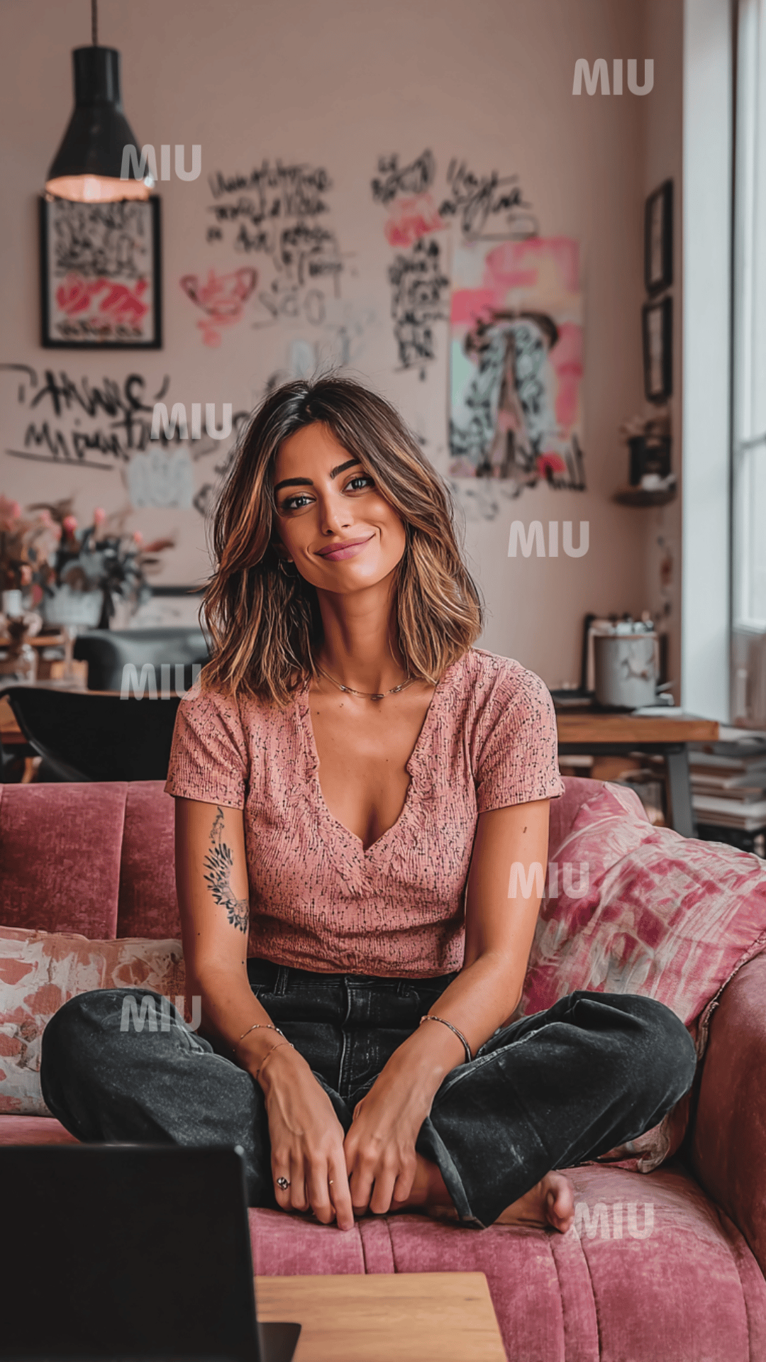 Portrait d’entrepreneuse moderne travaillant sur ordinateur dans un intérieur chaleureux et artistique