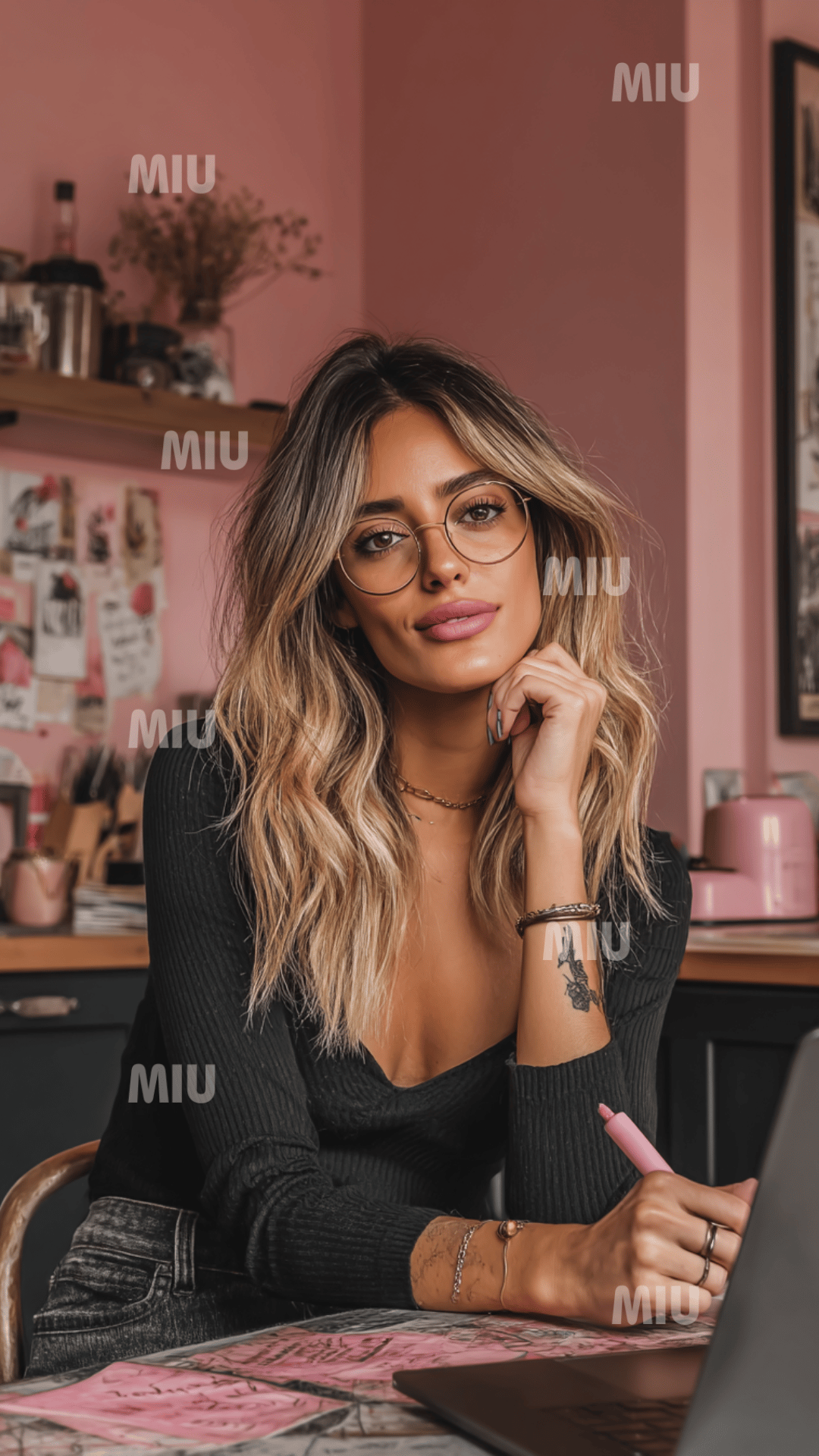 Femme entrepreneuse assise sur un canapé rose dans un atelier créatif lumineux