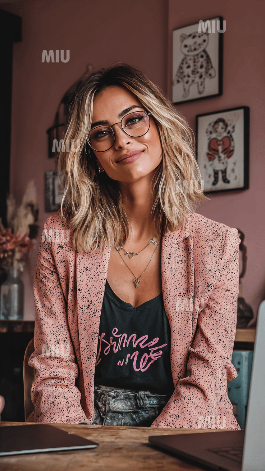 Entrepreneuse élégante avec lunettes travaillant sur ordinateur dans une cuisine créative rose