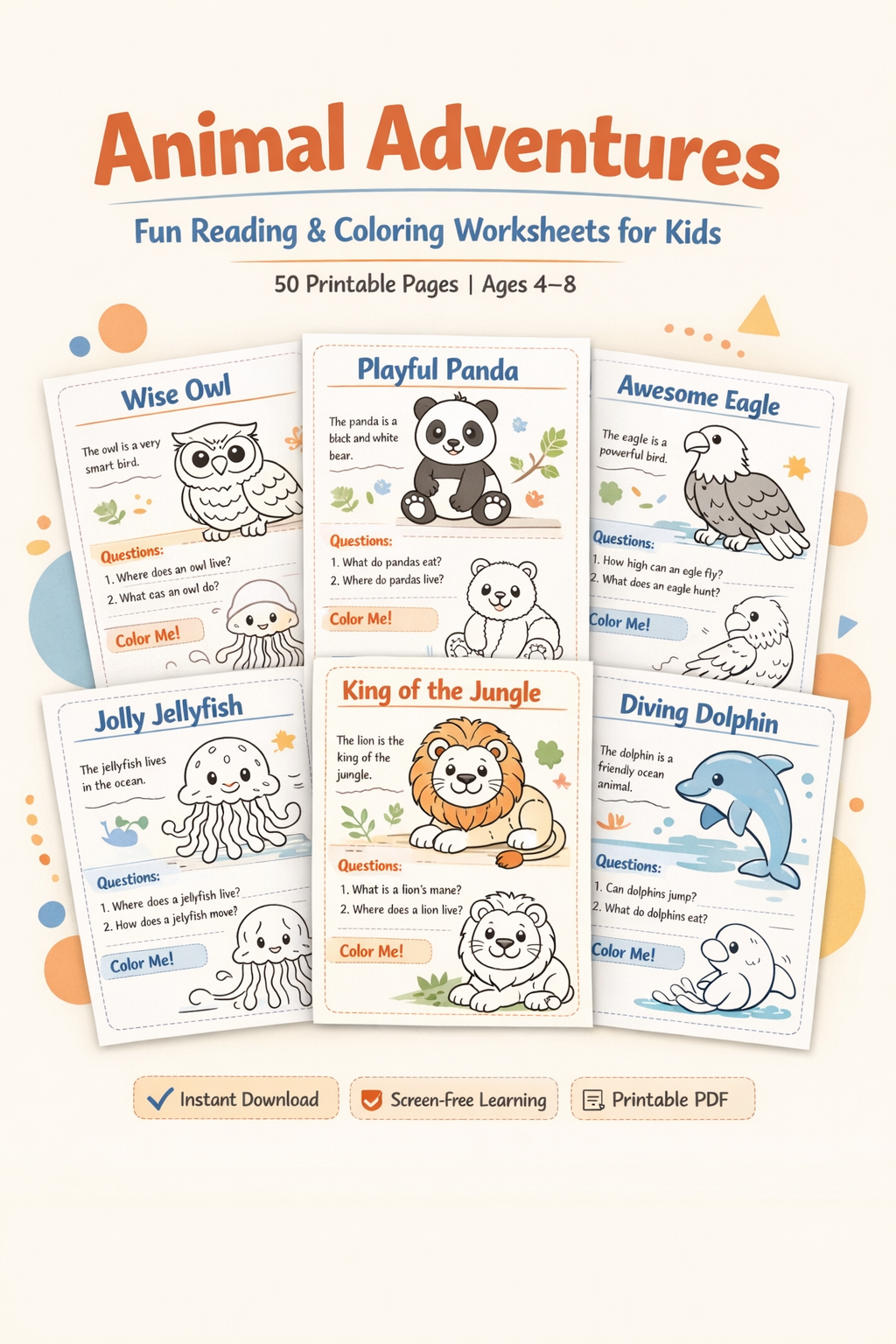 Animal Adventures – Fun Reading & Coloring Worksheets for Kids (50 Printable Pages)