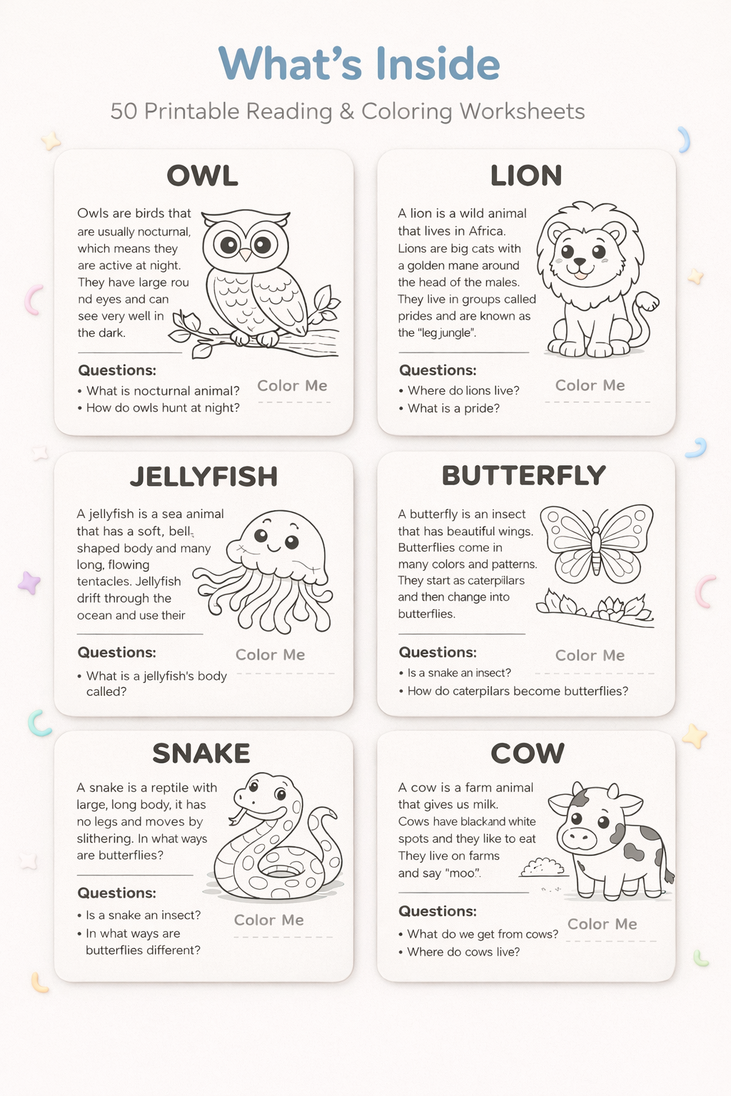 Animal Adventures – Fun Reading & Coloring Worksheets for Kids (50 Printable Pages)