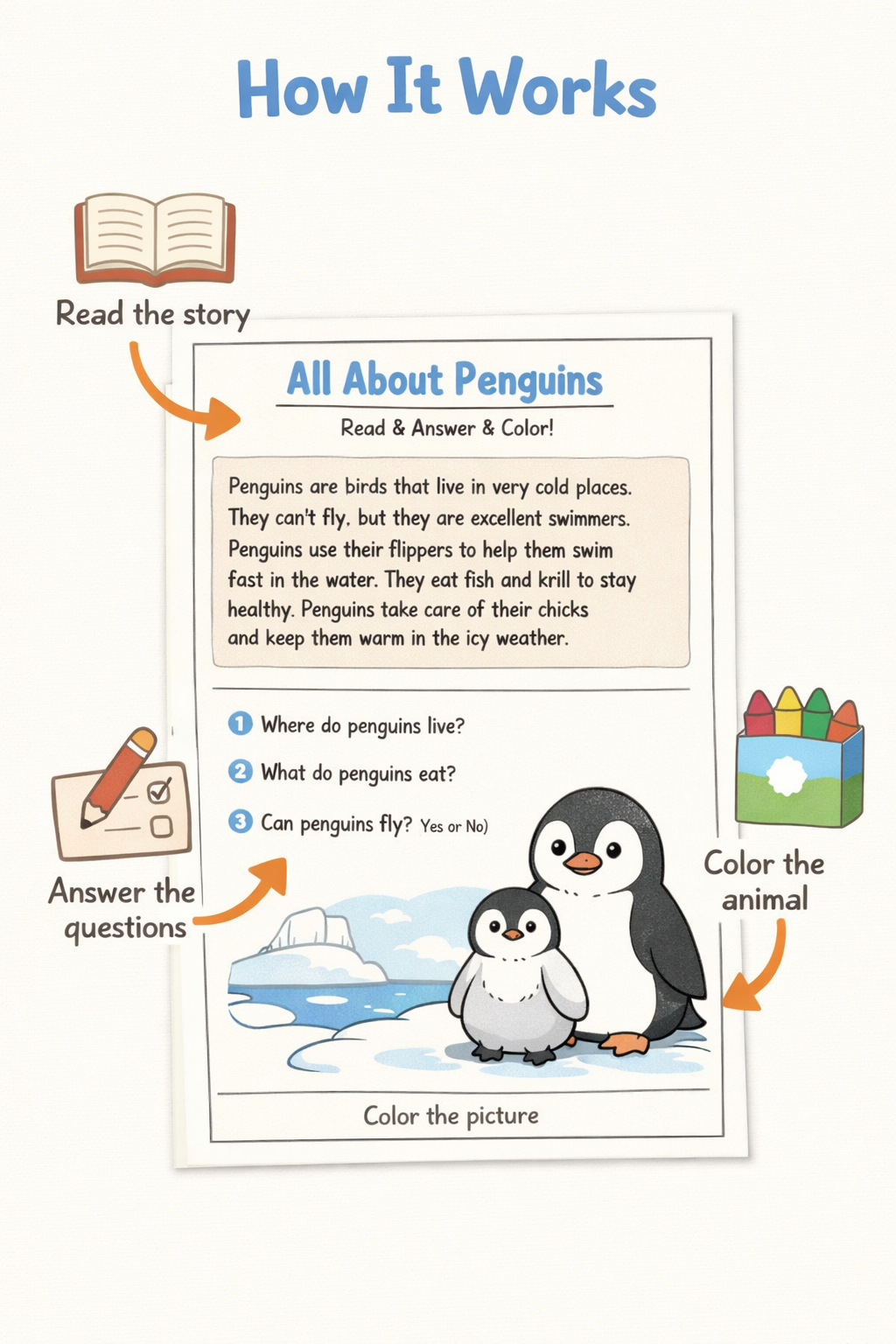 Animal Adventures – Fun Reading & Coloring Worksheets for Kids (50 Printable Pages)